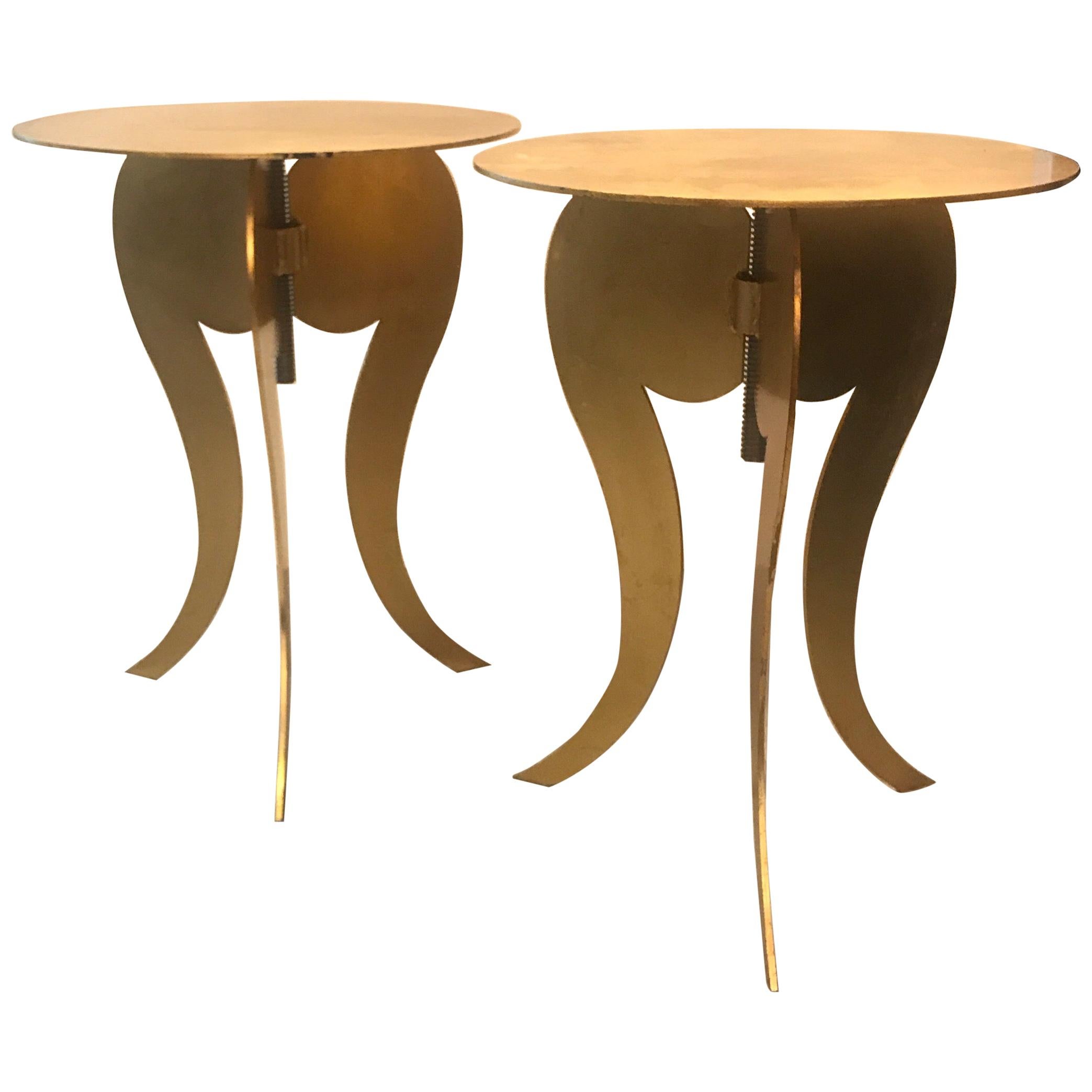 Pair of Gilt Steel Adjustable Round Pedestal Tables attributed to Sergio Terzani