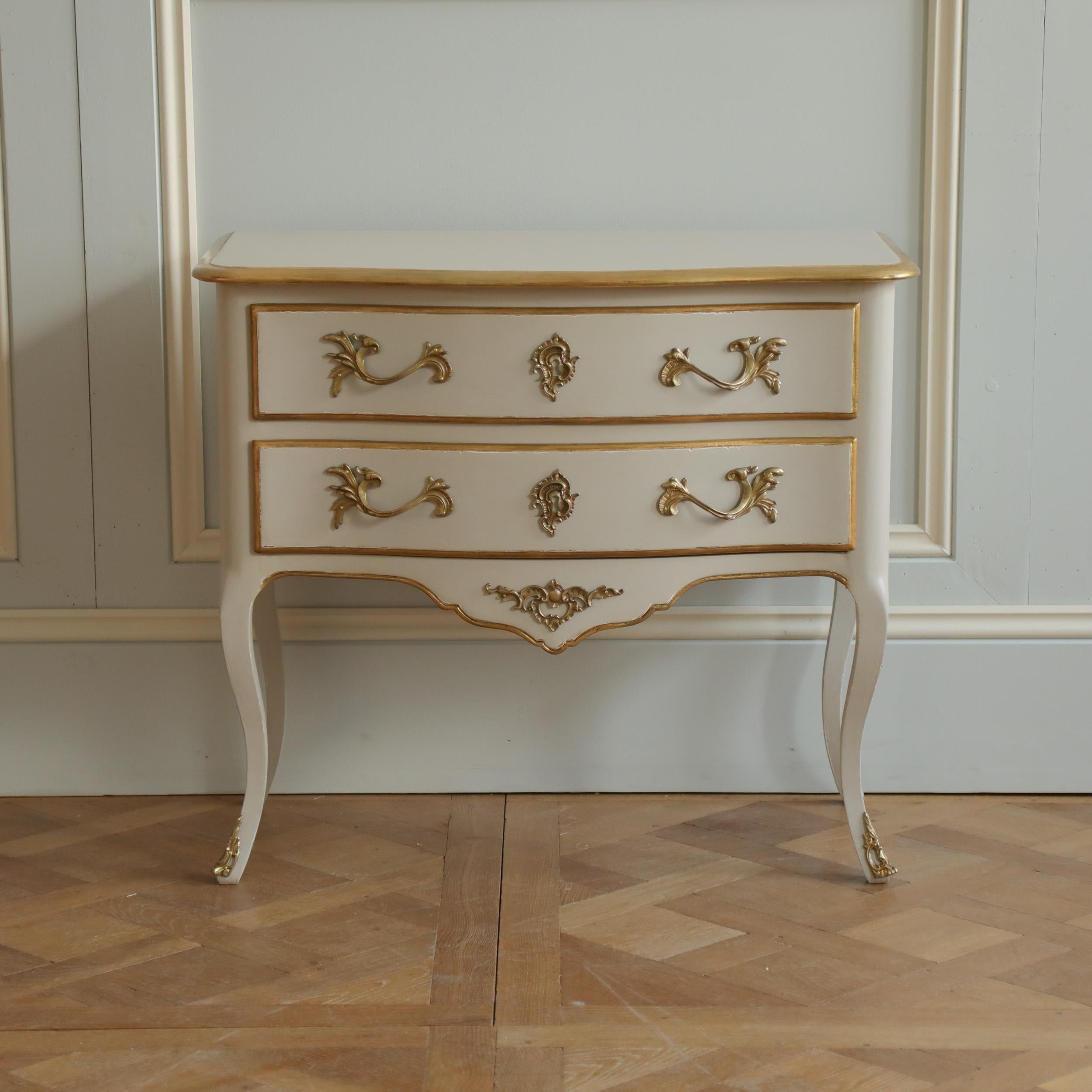 Hand-Painted Pair of Gilt Wood & Painted Louis XV Style Bedside Tables/Chest of Drawers