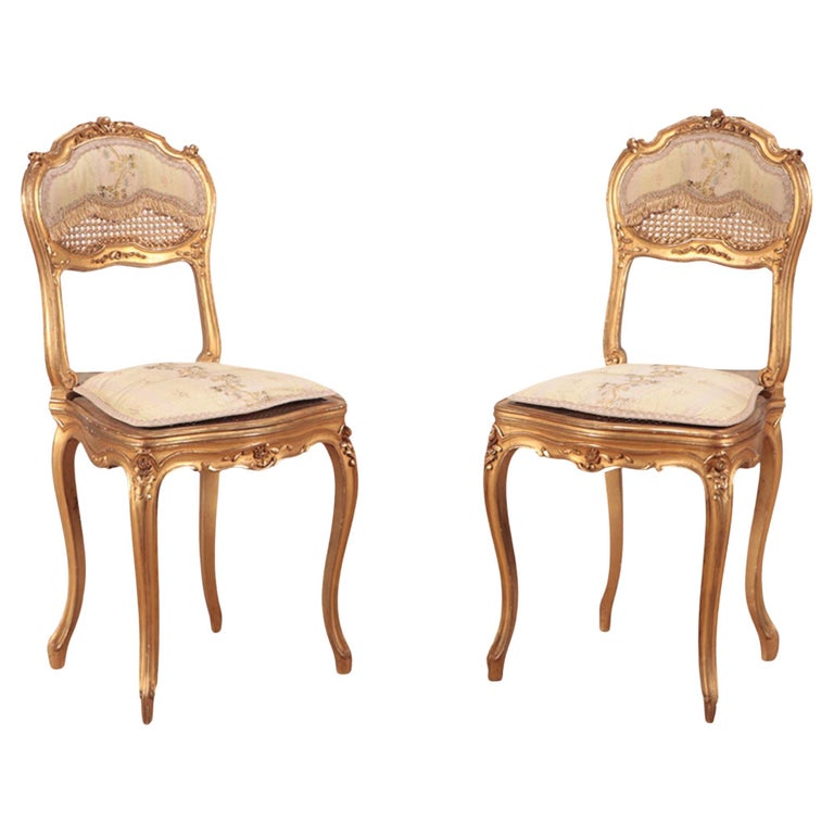 Pair of Giltwood and Carved French Louis XV Style Side Chairs