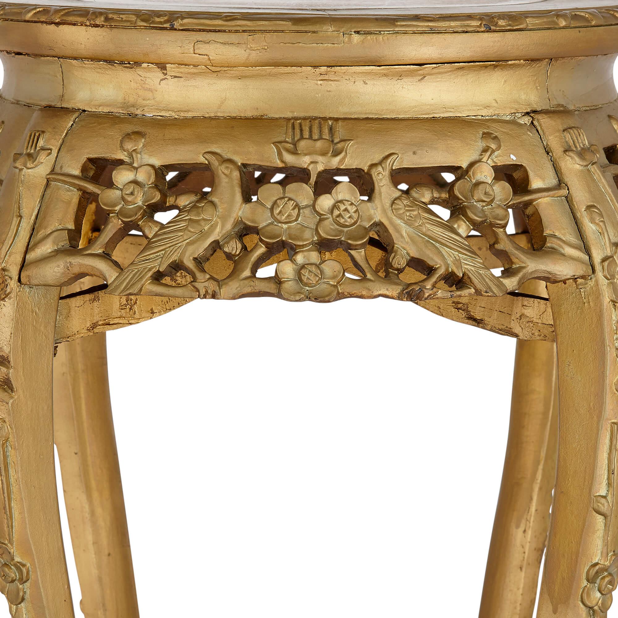 Incrusté Paire de supports en bois doré et marqueterie de marbre, français, 20ème siècle en vente