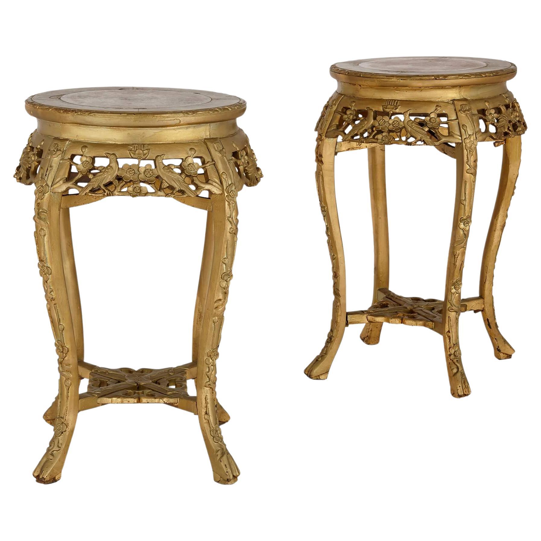 Pair of Giltwood and Marble-Inlay Stands, French, 20th Century