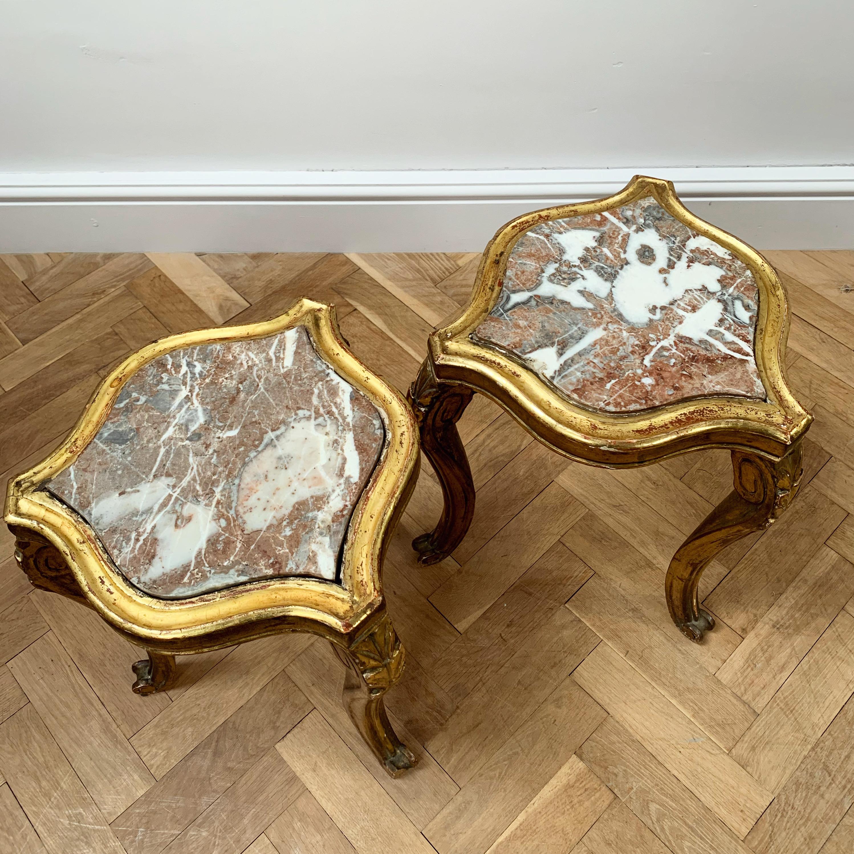 Breccia Marble Pair of Giltwood and Marble Vase Stands For Sale