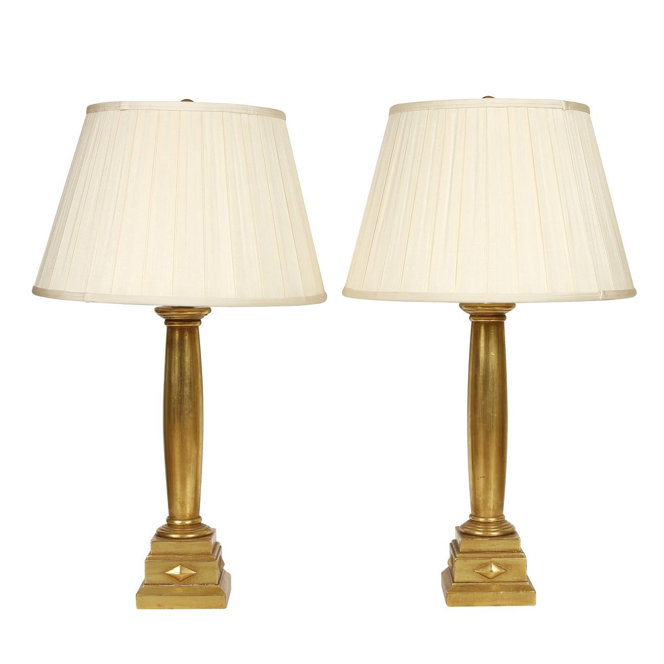 Neoclassical Revival Pair of Giltwood Column Form Lamps