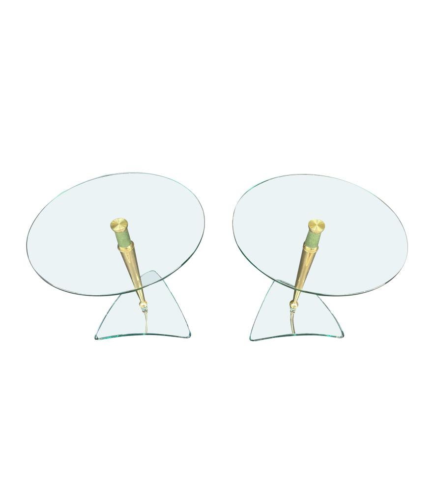 Italian Pair of Glass and Brass Circular Side Tables in the Style of Fontana Arte