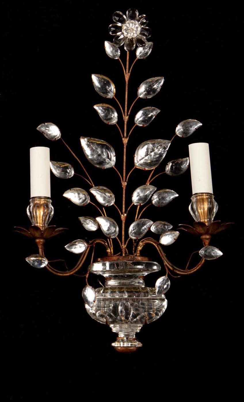 Mid-Century Modern Pair of Glass and Gilt Metal Wall Lights Attributed to Maison Baguès