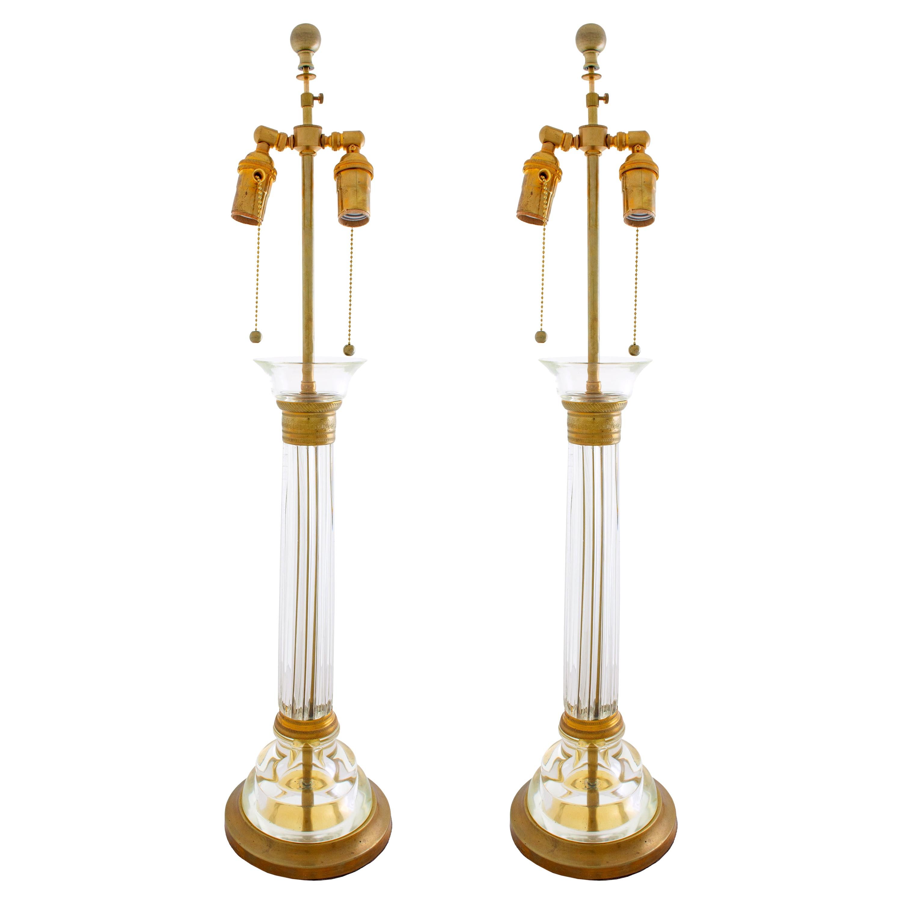 Pair of Glass Columnar Lamps For Sale