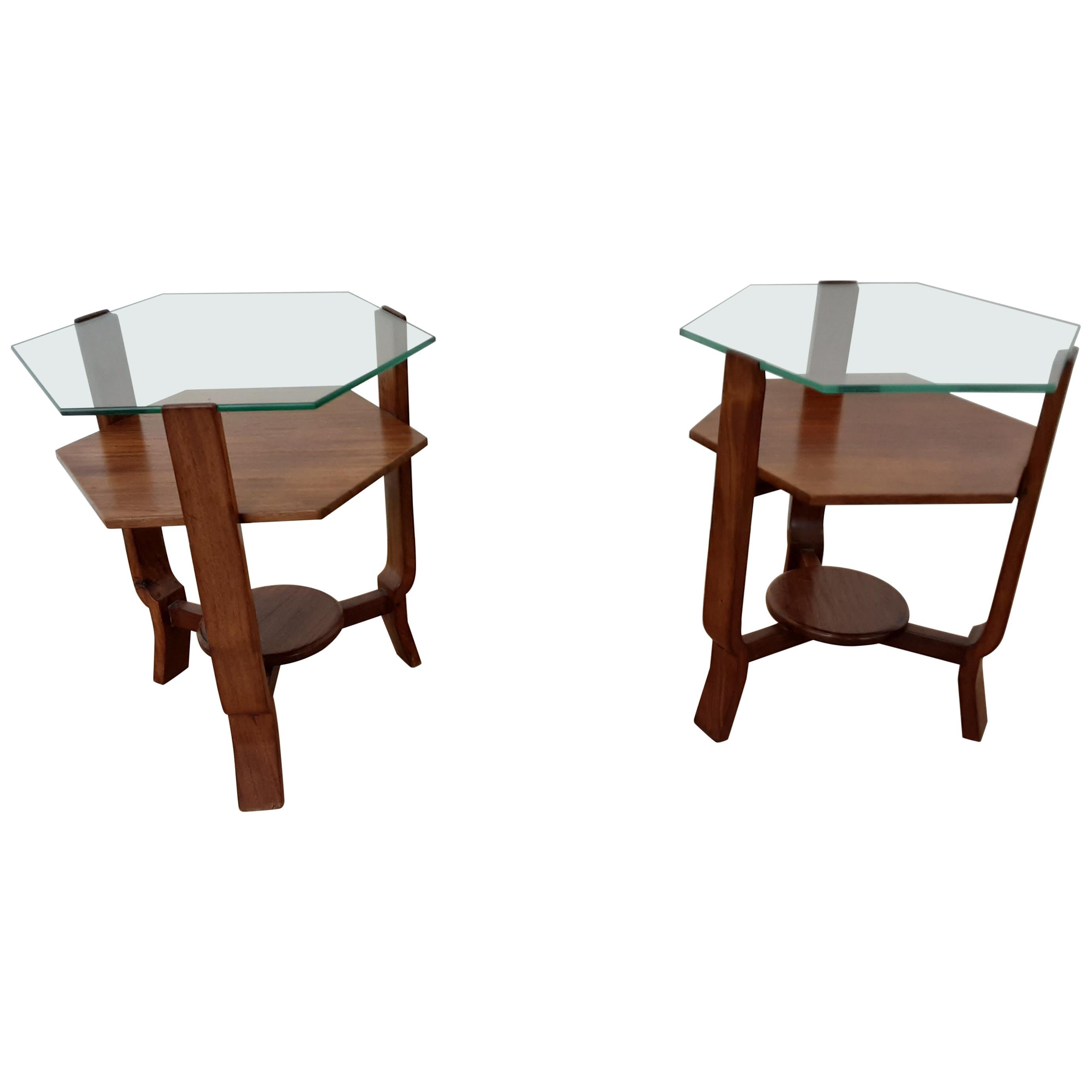 Pair of Glass Toped Walnut Side Tables British, circa 1930 For Sale