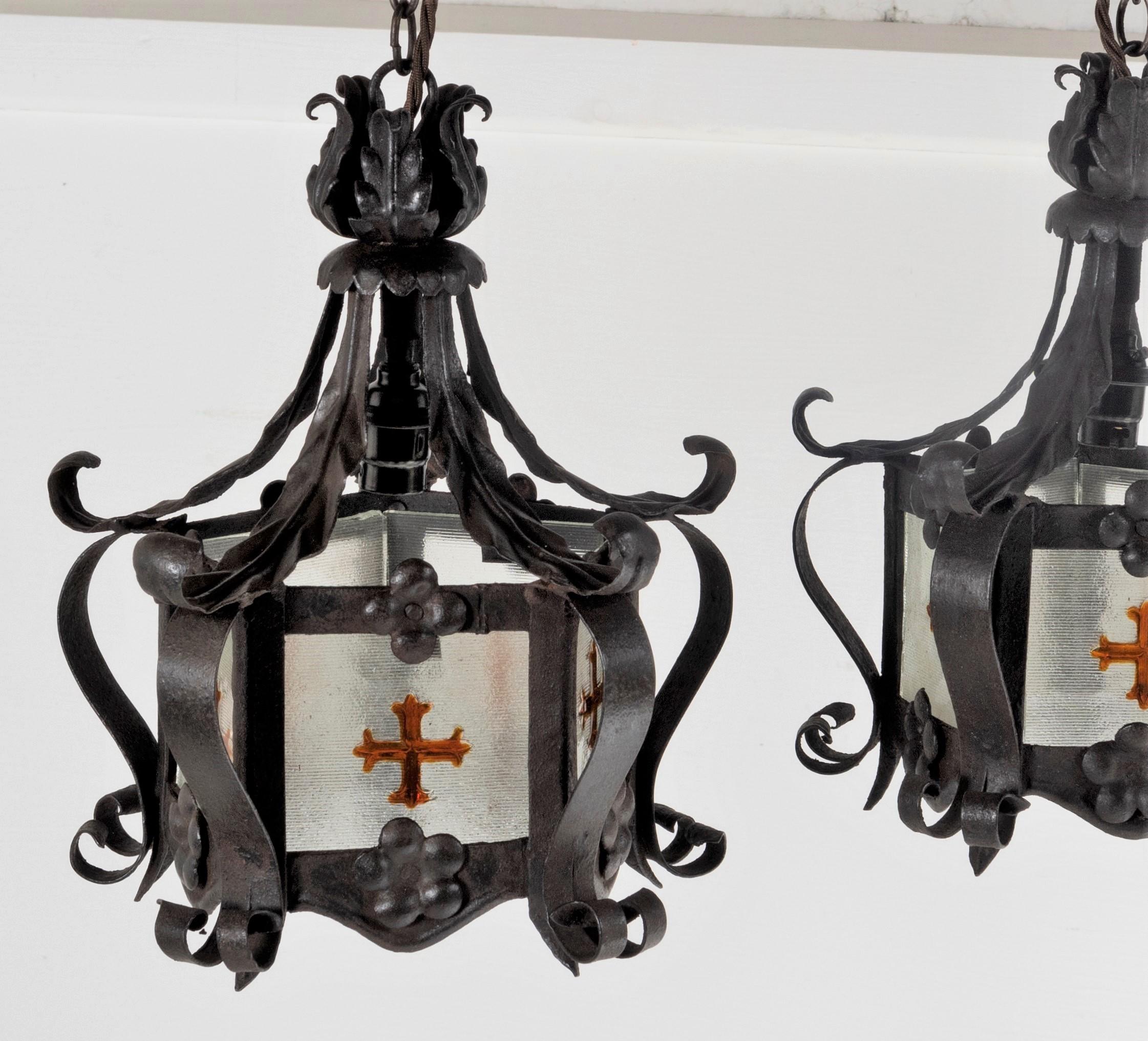 Aesthetic Movement Pair of Glazed 19th C, Aesthetic Lantern Pendants with Gothic Stained Glass For Sale