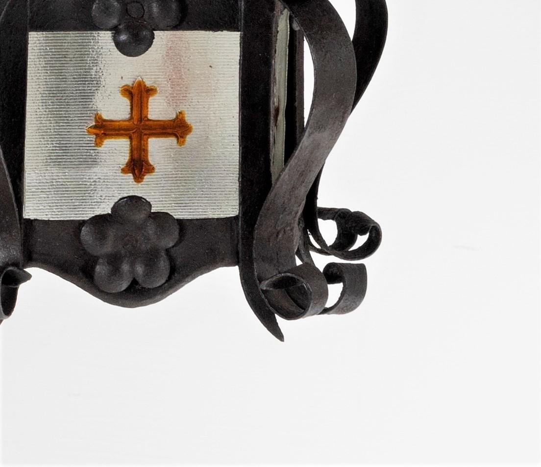 Pair of Glazed 19th C, Aesthetic Lantern Pendants with Gothic Stained Glass 1