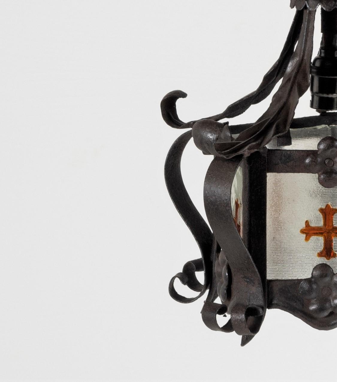 Pair of Glazed 19th C, Aesthetic Lantern Pendants with Gothic Stained Glass For Sale 2