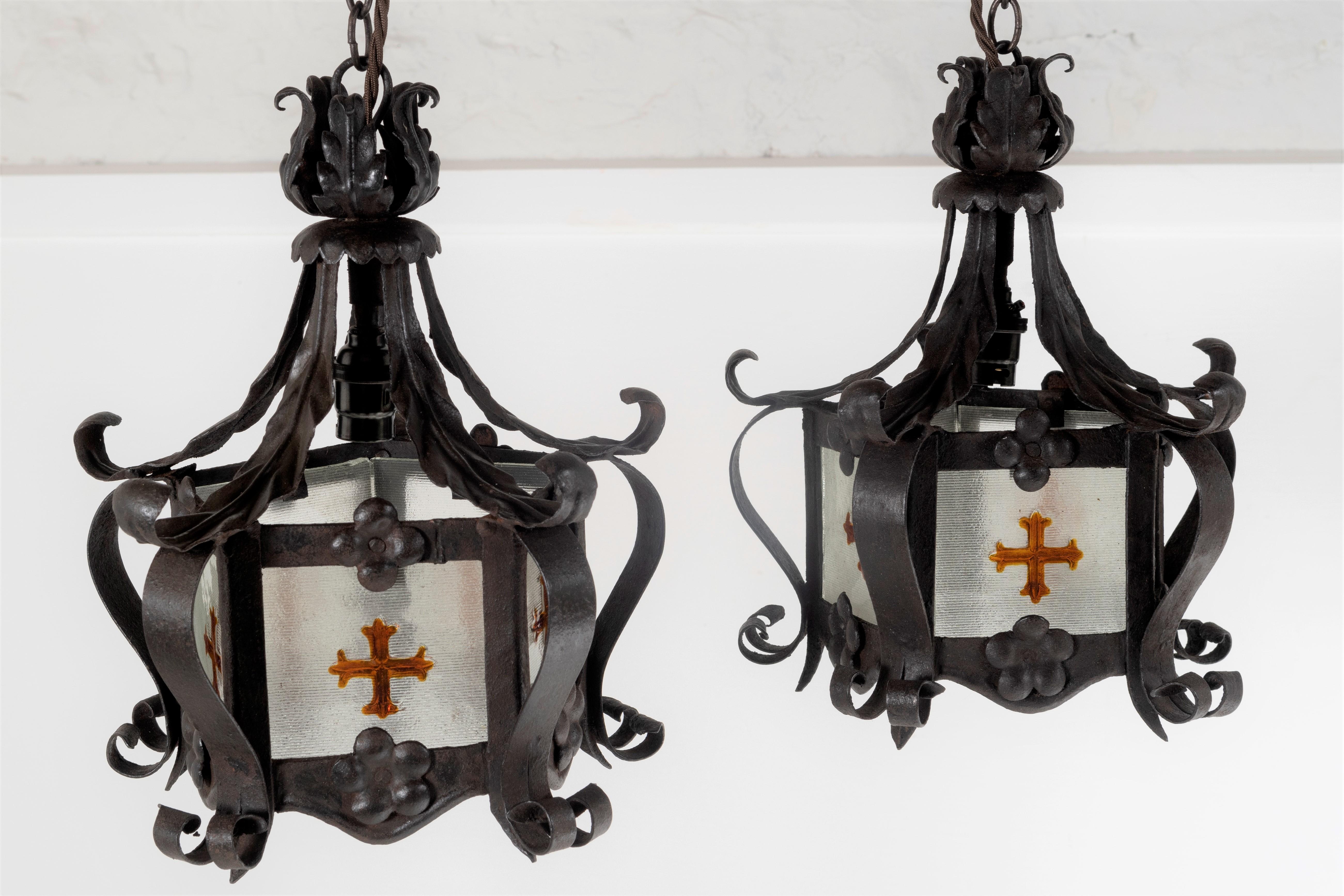 Pair of Glazed 19th C, Aesthetic Lantern Pendants with Gothic Stained Glass For Sale 3