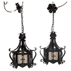 Pair of Glazed 19th C, Aesthetic Lantern Pendants with Gothic Stained Glass