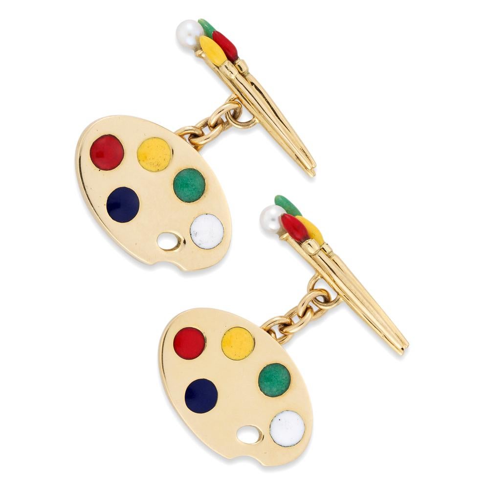 A pair of gold and enamel cufflinks, each link designed as an artist’s palette with enamel paints and a set of paintbrushes, hallmarked London 2008, bearing the Bentley & Skinner sponsormark, each pallete measuring approximately 1.9 x 1.2cm,  gross