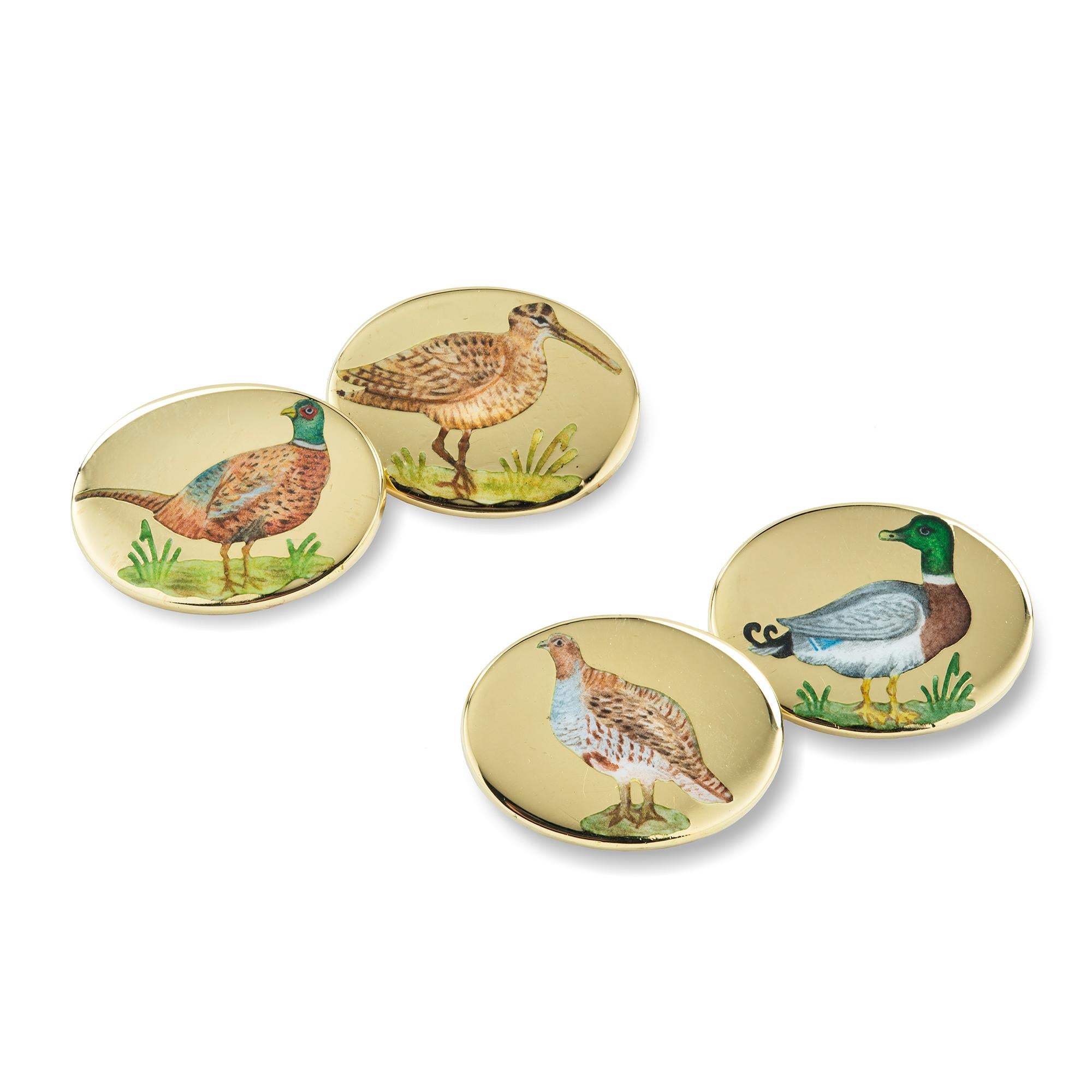 Modern Pair of Gold and Enamel Game-Bird Cufflinks For Sale