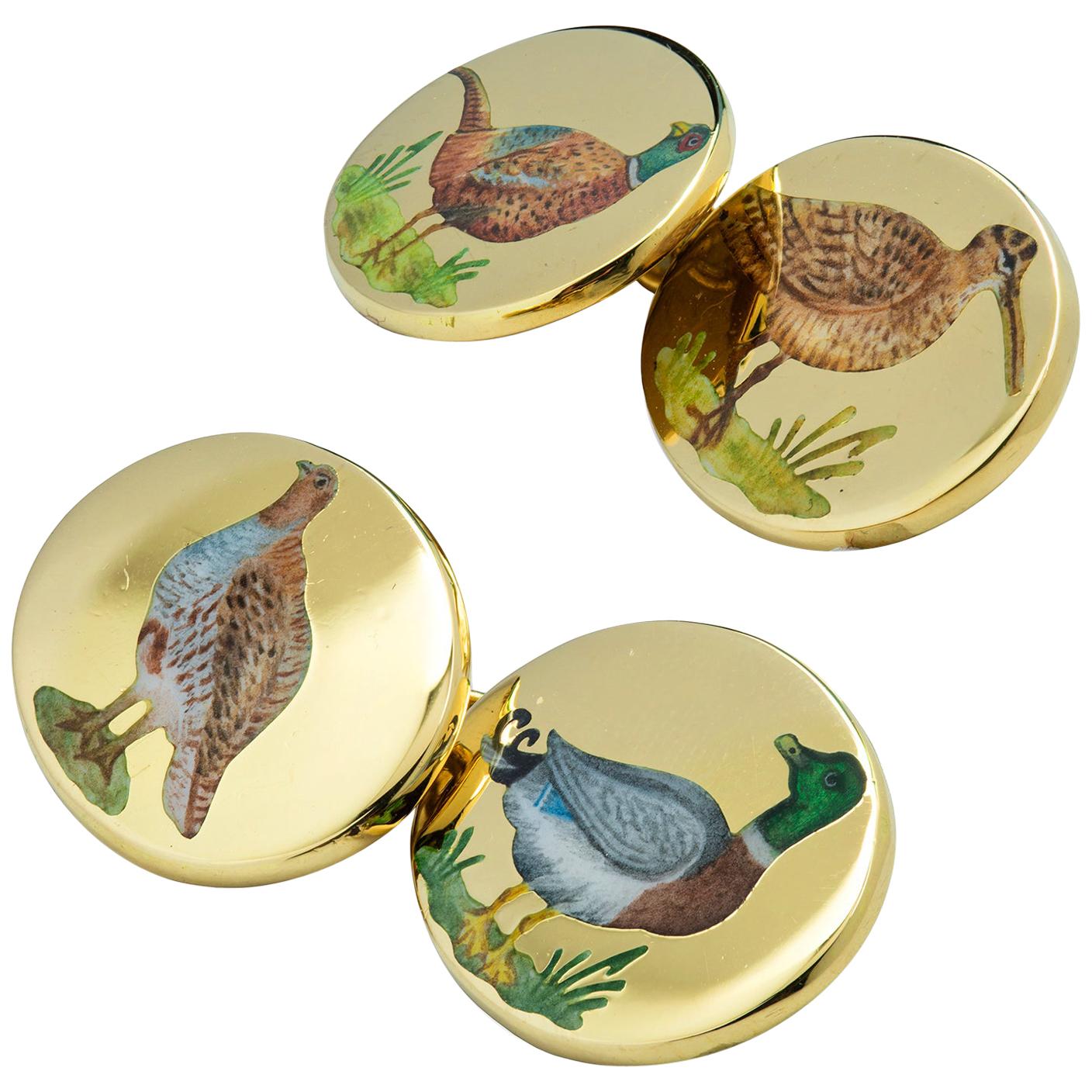 Pair of Gold and Enamel Game-Bird Cufflinks For Sale