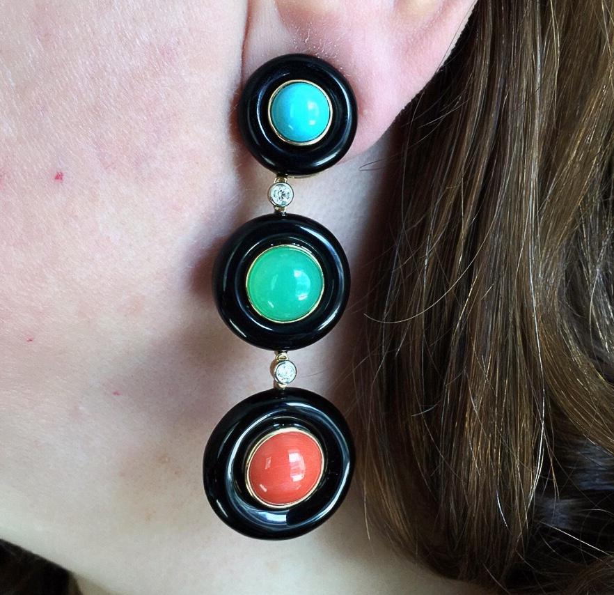 Pair of Gold, Black Onyx, Turquoise, Chrysoprase, Coral and Diamond Earrings In Excellent Condition In New York, NY