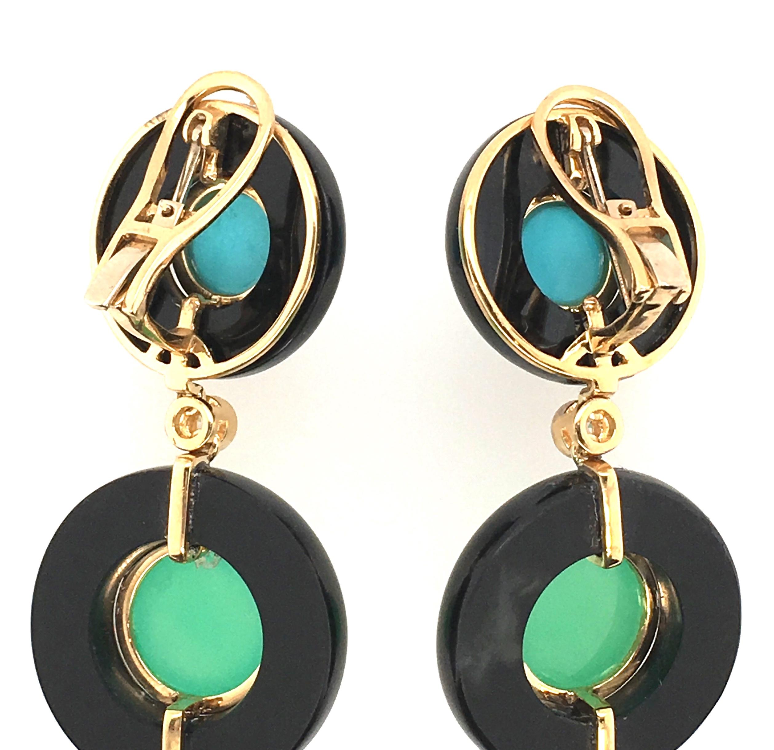 Women's or Men's Pair of Gold, Black Onyx, Turquoise, Chrysoprase, Coral and Diamond Earrings