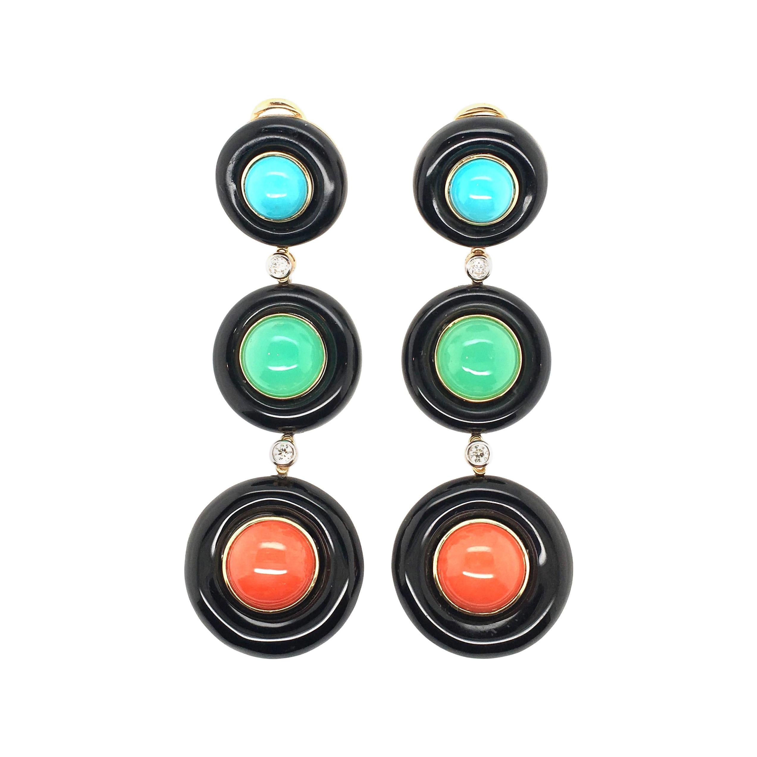 Pair of Gold, Black Onyx, Turquoise, Chrysoprase, Coral and Diamond Earrings