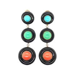 Pair of Gold, Black Onyx, Turquoise, Chrysoprase, Coral and Diamond Earrings