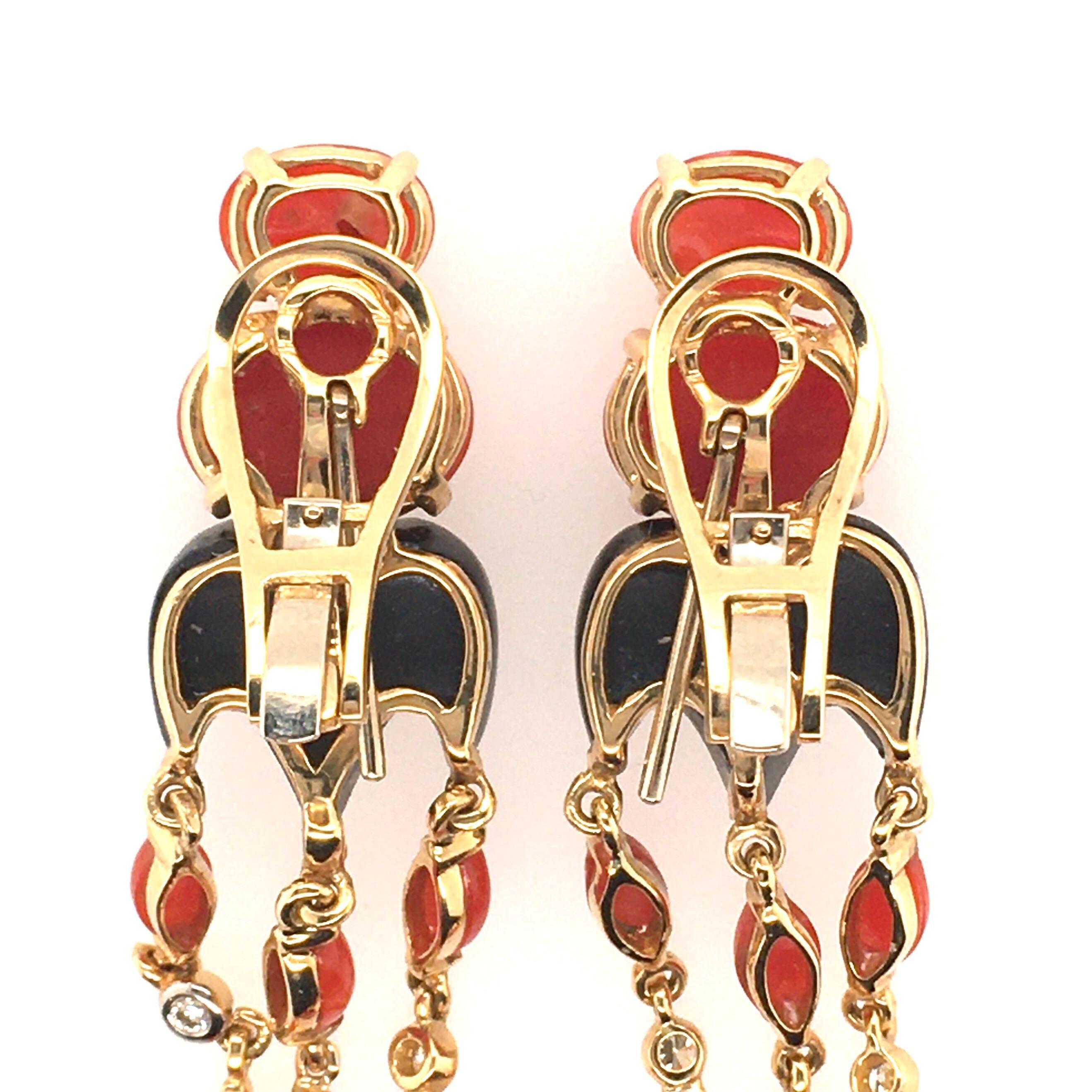 Women's or Men's Pair of Gold, Coral, Black Onyx and Diamond Dangling Earrings
