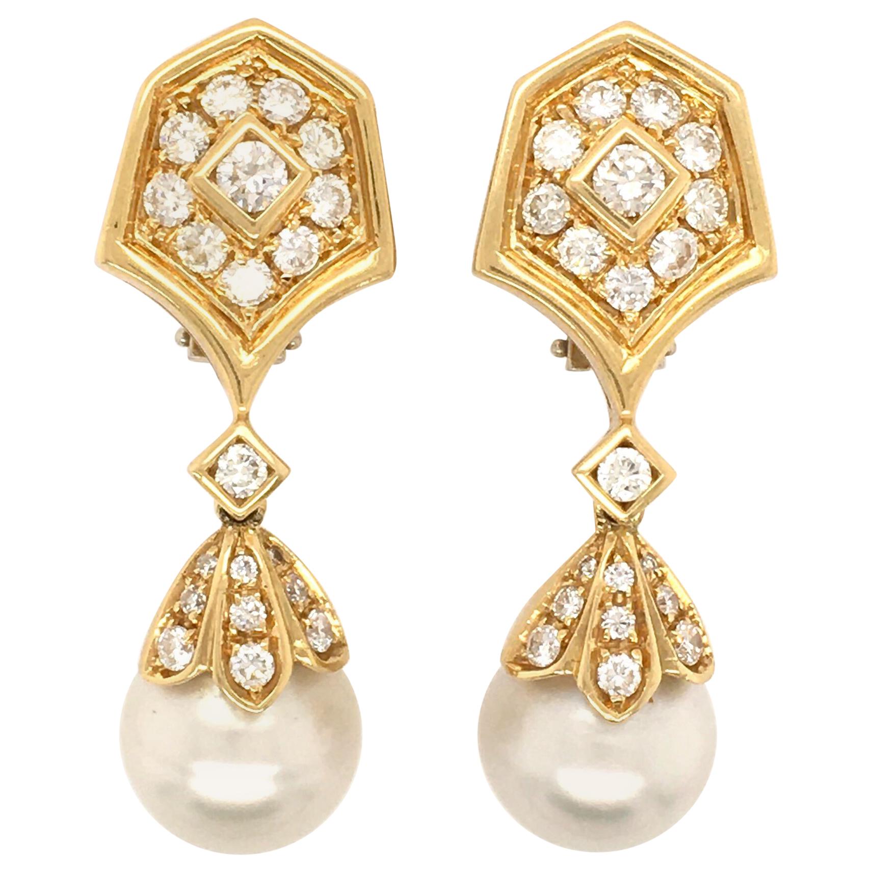 Pair of Gold, Diamond and Pearl Drop Earrings