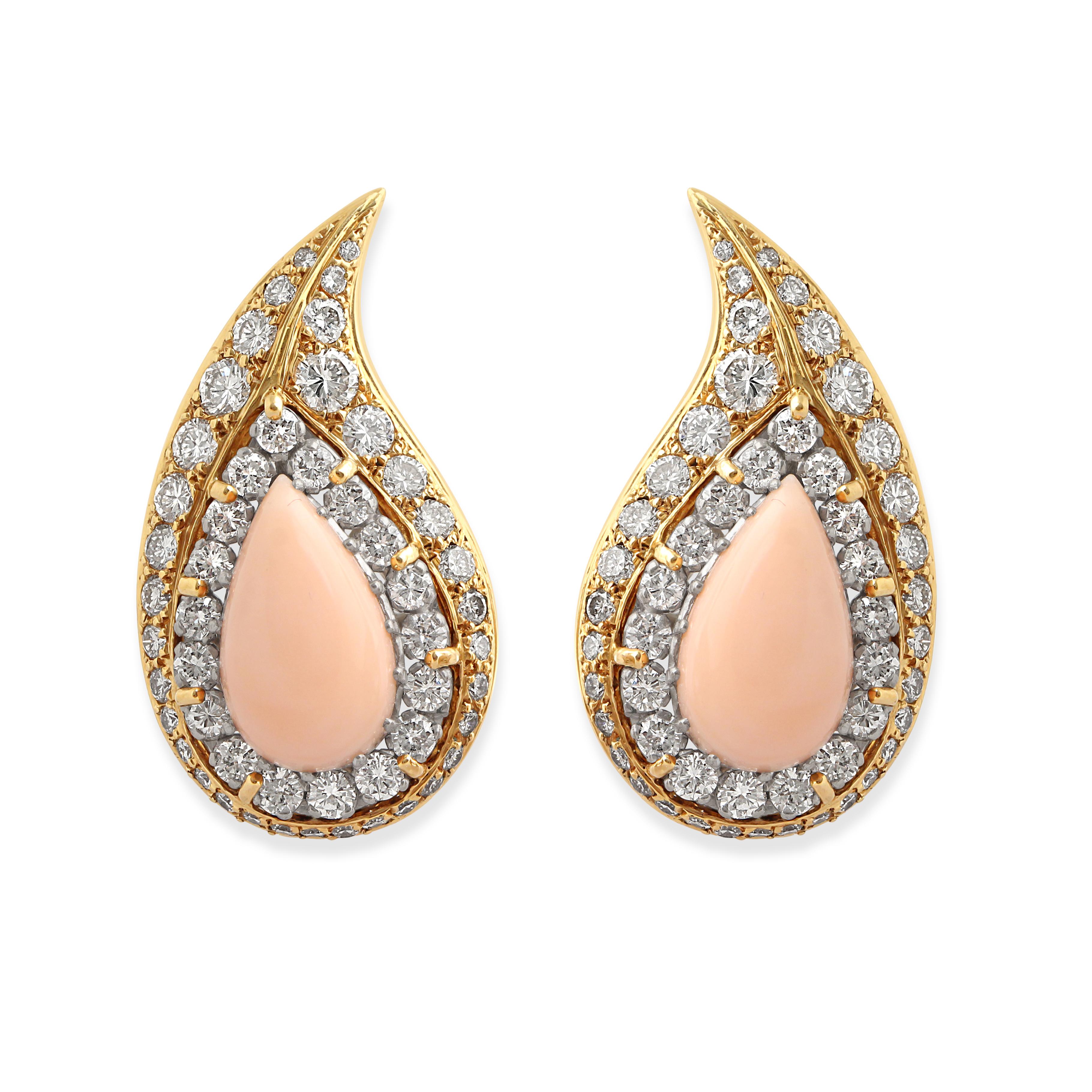Round Cut A Pair of Gold, Diamond & Coral Earrings For Sale