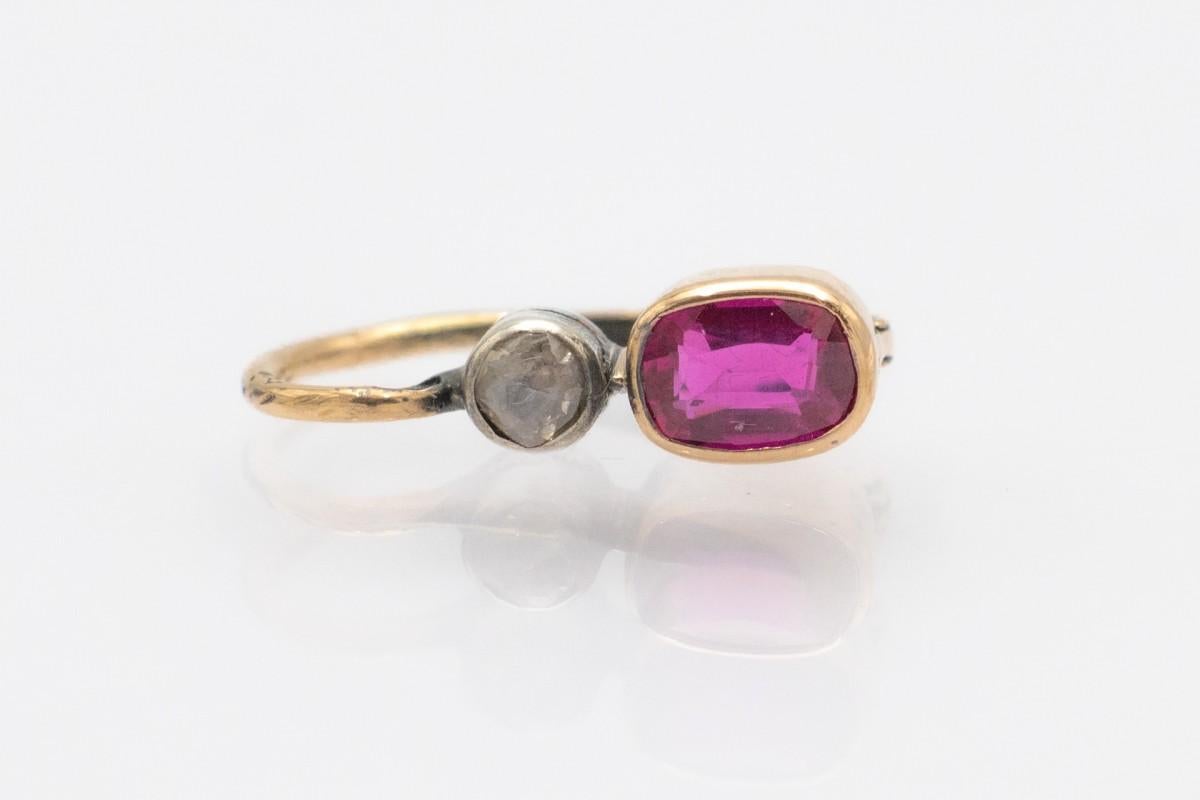 Old Mine Cut A pair of gold earrings with synthetic rubies and diamonds, Hungary, circa 1920s For Sale