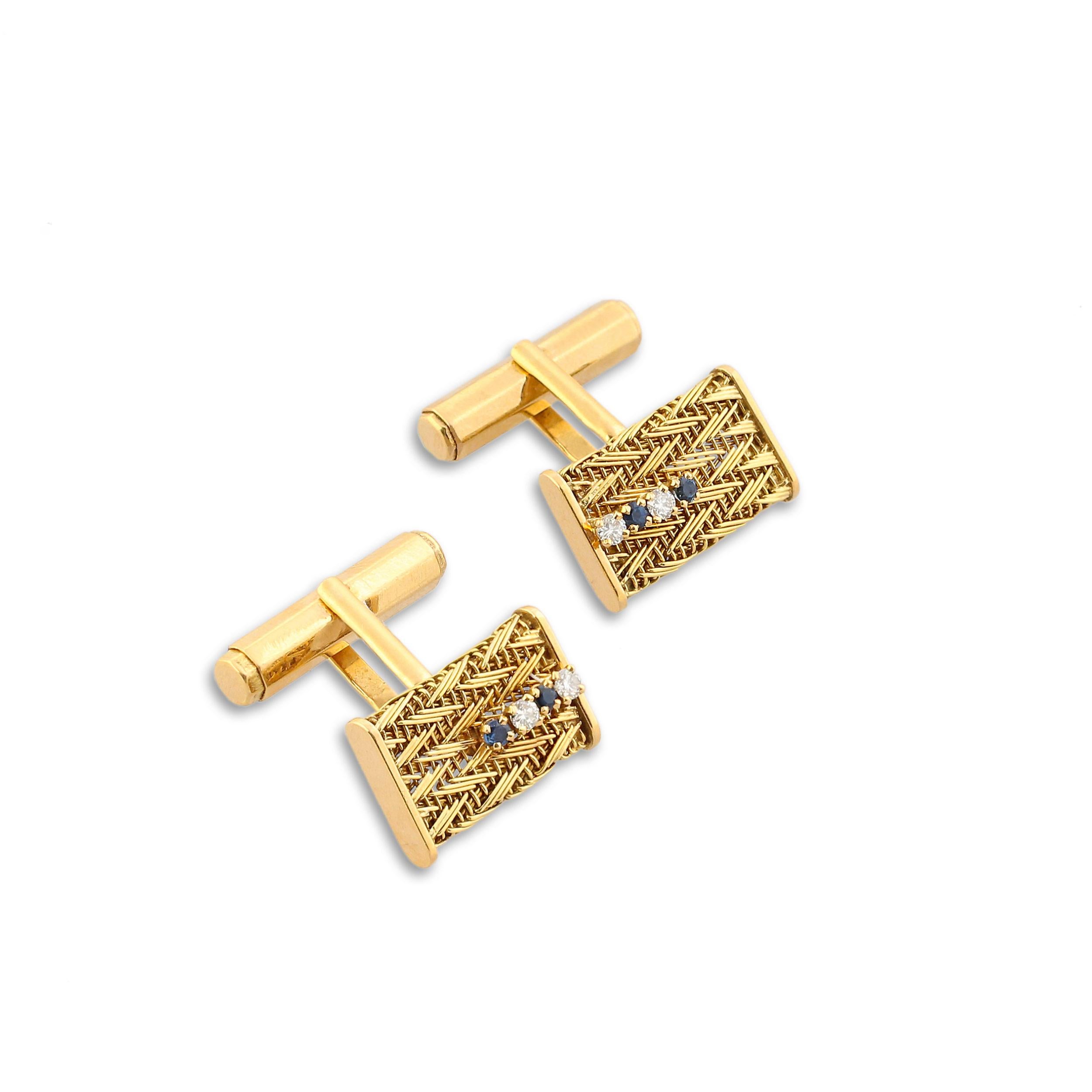 A pair of French yellow gold cufflinks in a mesh design set with a row of sapphire and diamonds. Size = 2cm x 2cm. Weight = 14.3gr. Circa 1950s.