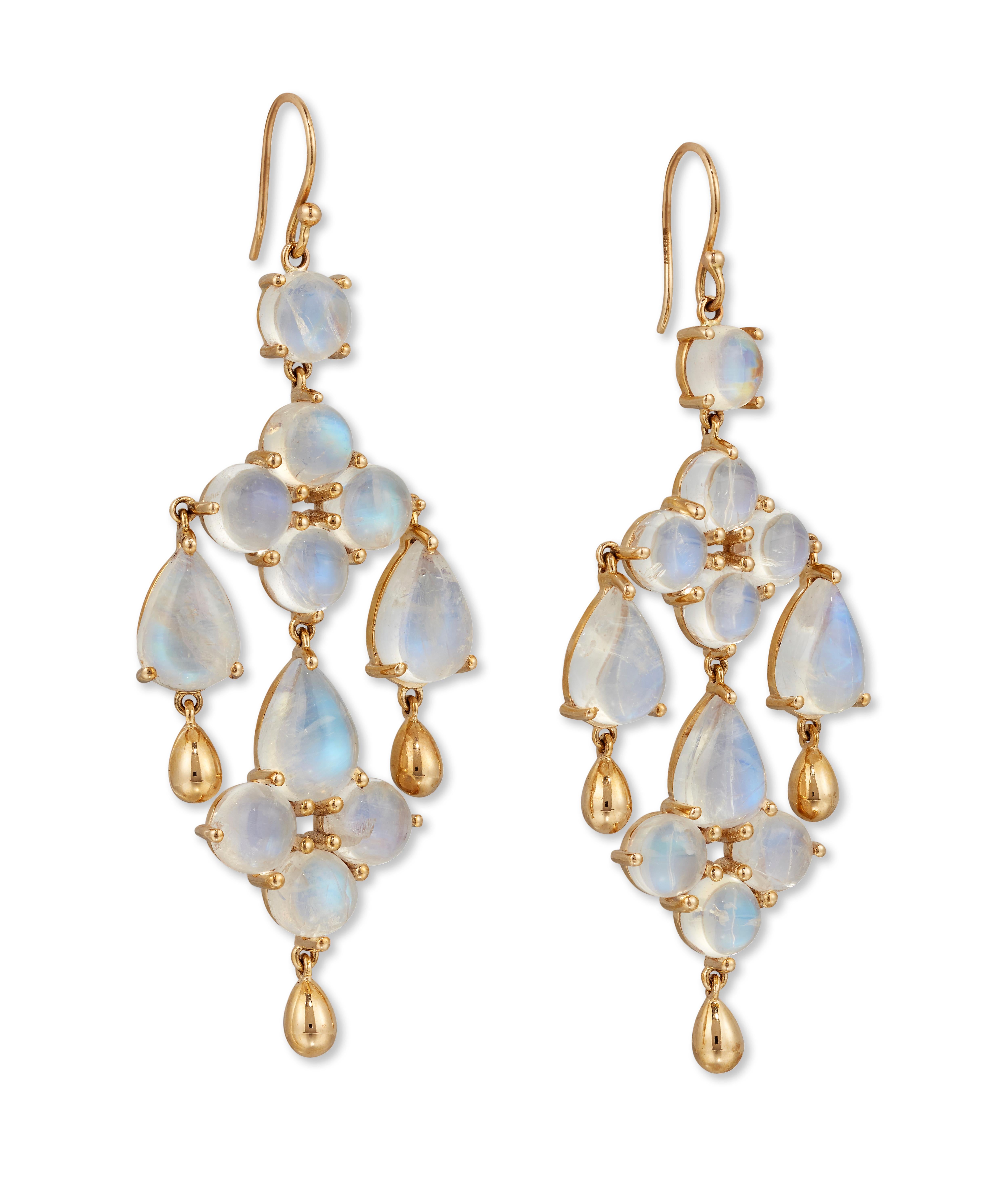 Composed of a series of Cabochon moonstones, suspending polished gold accents, with hook fittings, Handmade in 9ct Yellow gold 

The meaning of moonstones signifies balance, relaxation, feminine energy, love and fertility.