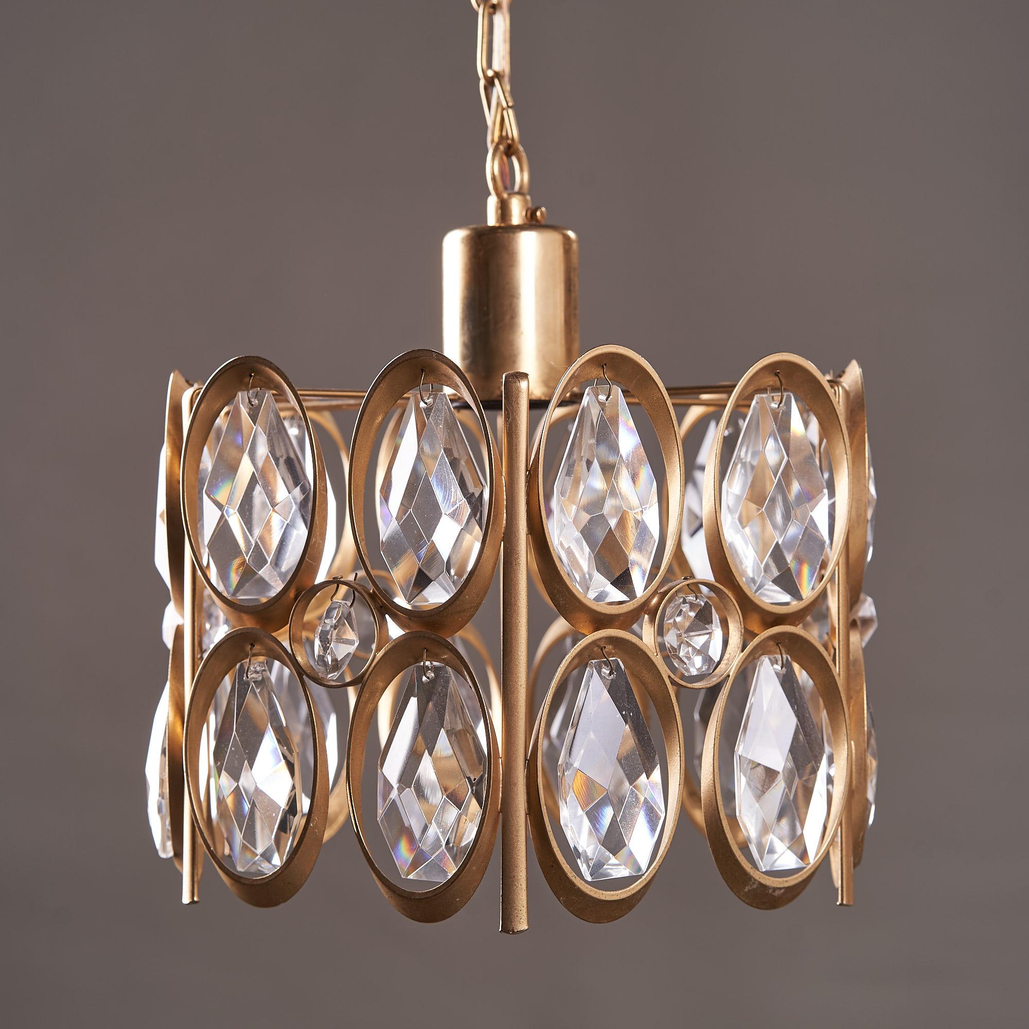 German Pair of Gold-Plated Brass Framed Glass Chandeliers