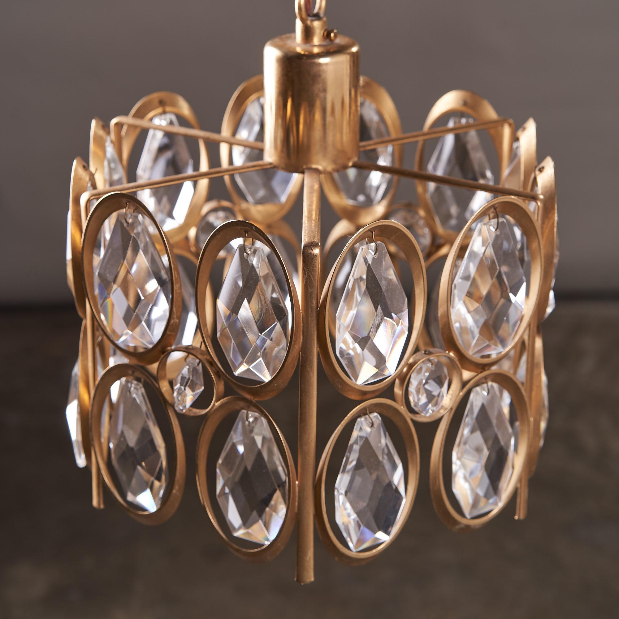 Mid-20th Century Pair of Gold-Plated Brass Framed Glass Chandeliers