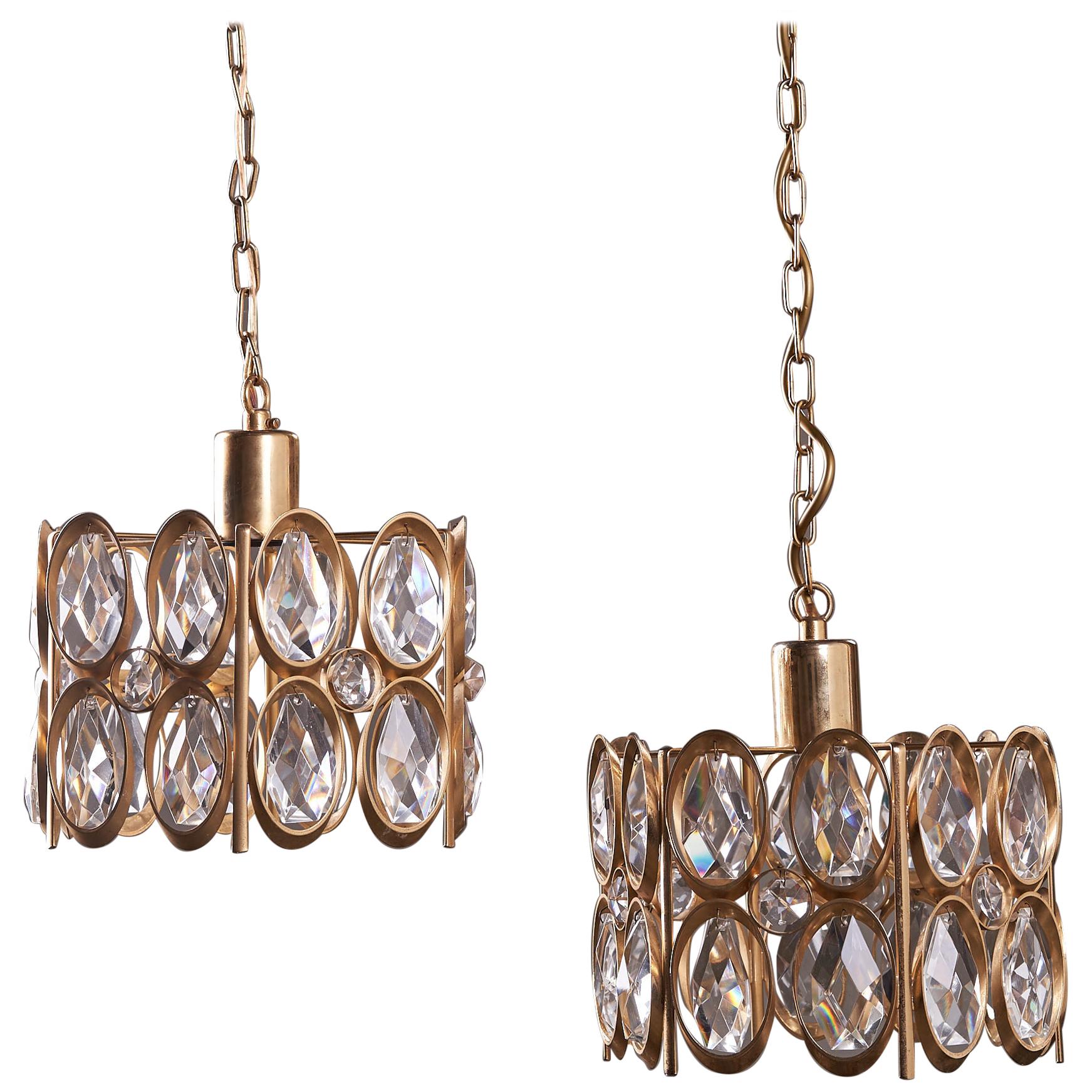 Pair of Gold-Plated Brass Framed Glass Chandeliers