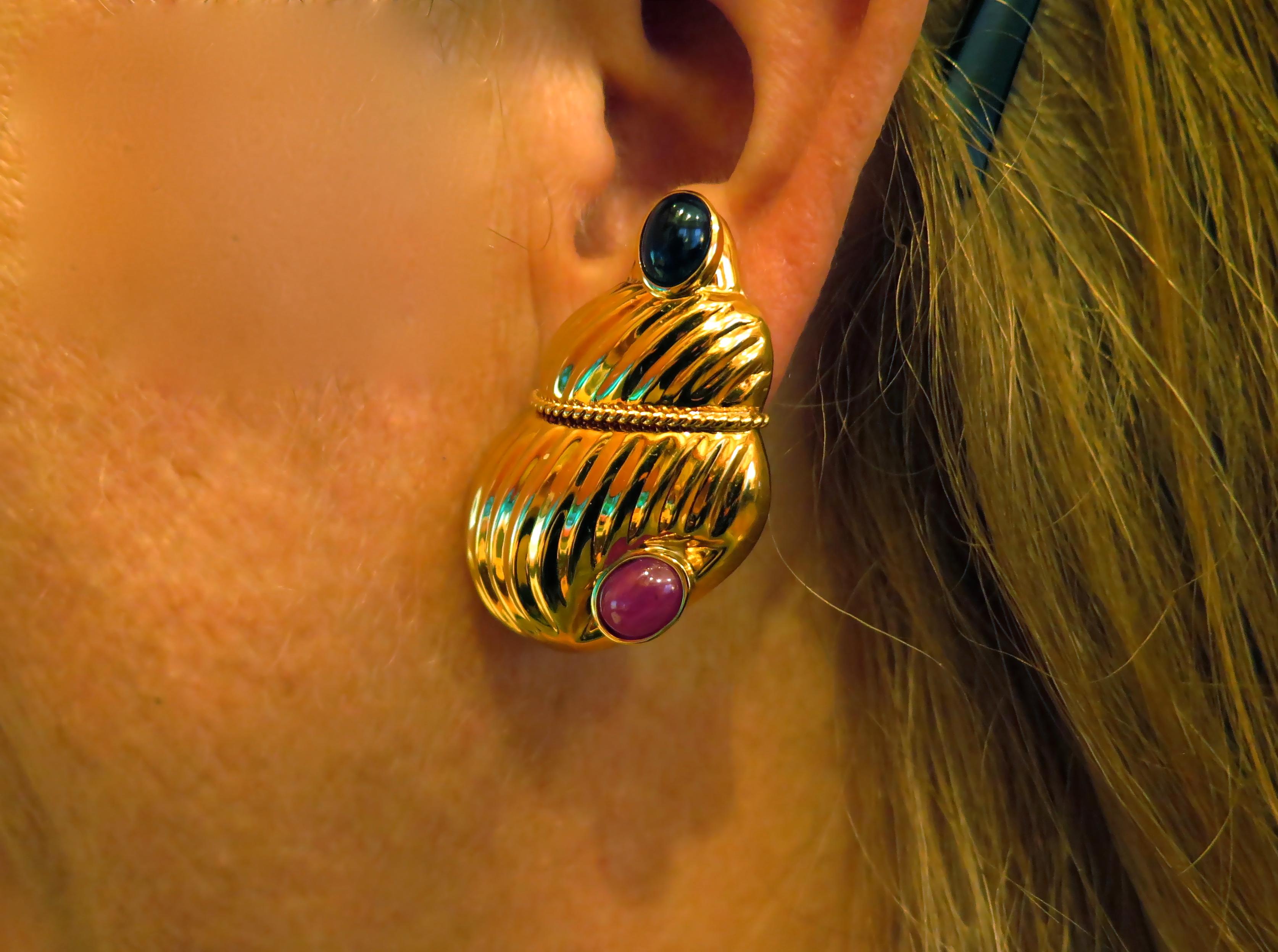 Women's or Men's Ruby and Sapphire Gold Earrings