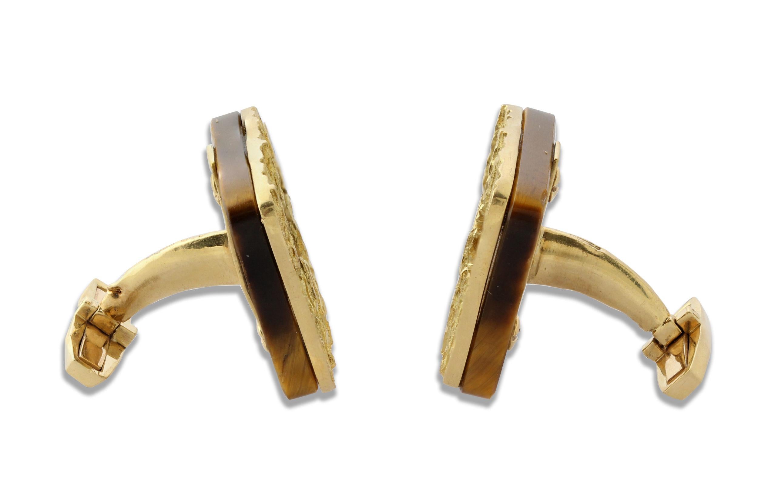 Square Cut Pair of Gold & Tiger’s Eye Cufflinks by Grima