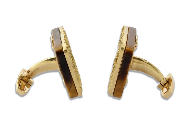 Square Cut Pair of Gold & Tiger’s Eye Cufflinks by Grima For Sale
