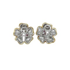 A Pair of Gold, White Gold, Ruby and Diamond Flower Earrings