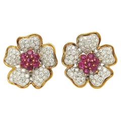 A Pair of Gold, White Gold, Ruby and Diamond Flower Earrings