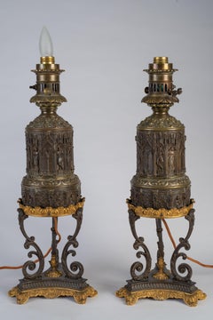 Pair of Gothic Revival Gilt and Patinated Bronze Oil Lamps
