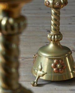 A pair of brass and copper Gothic Revival candlestick lamp bases, 19th century