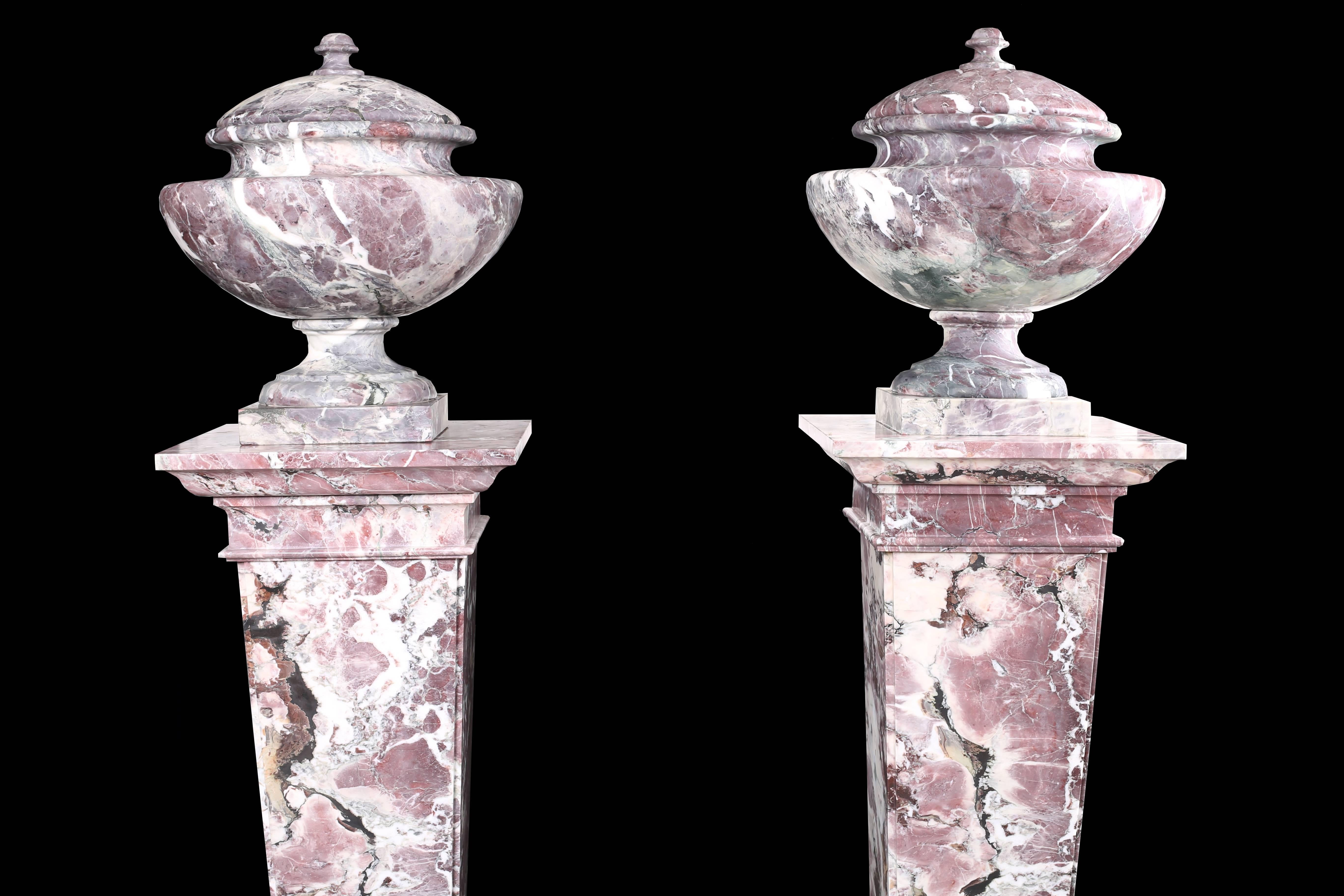 Neoclassical Revival Pair of Grand Marble Urns on Column Plinths in the Neoclassical Style For Sale