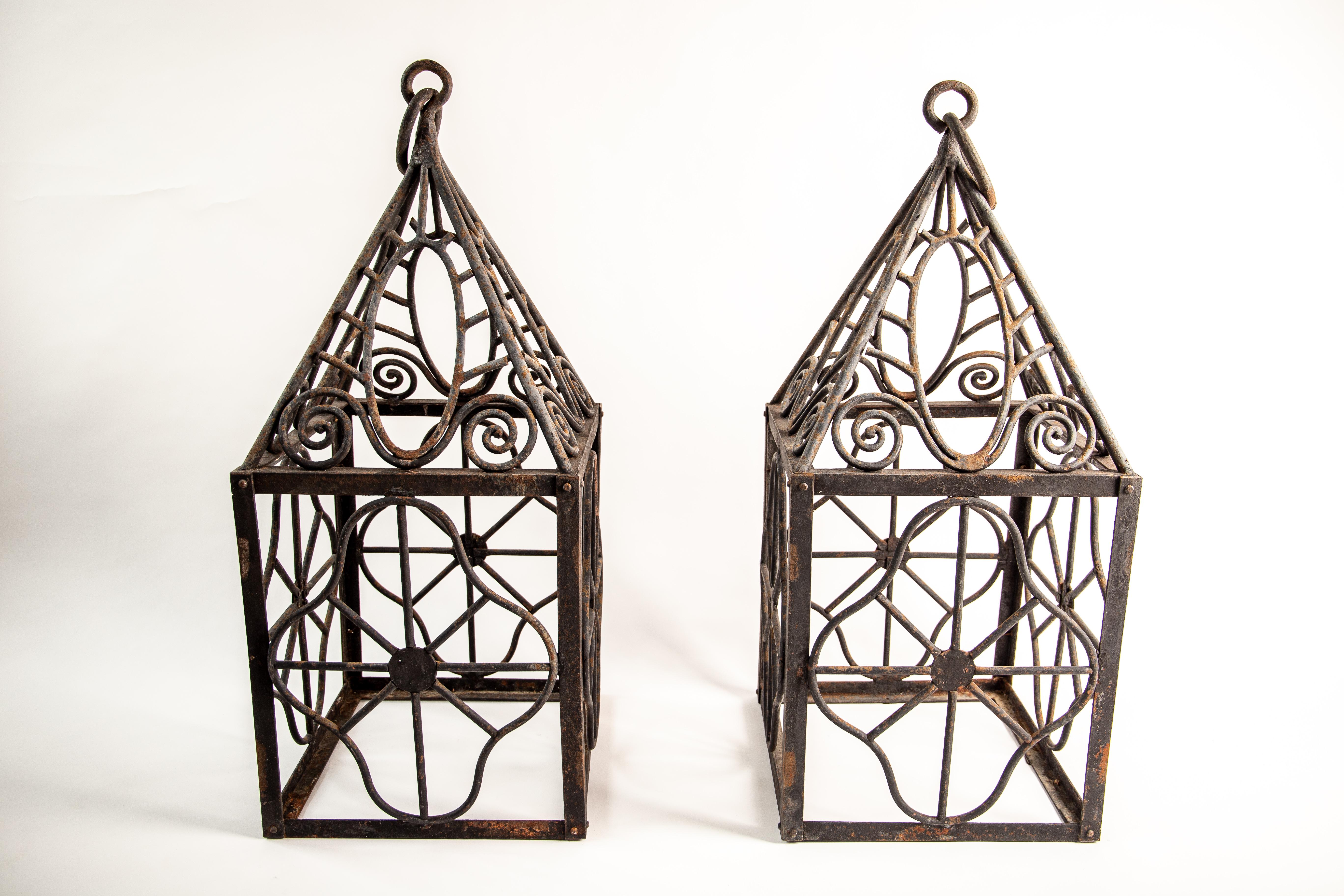 Welded Pair of elegant French Art Deco grand scale wrought iron hurricane lanterns