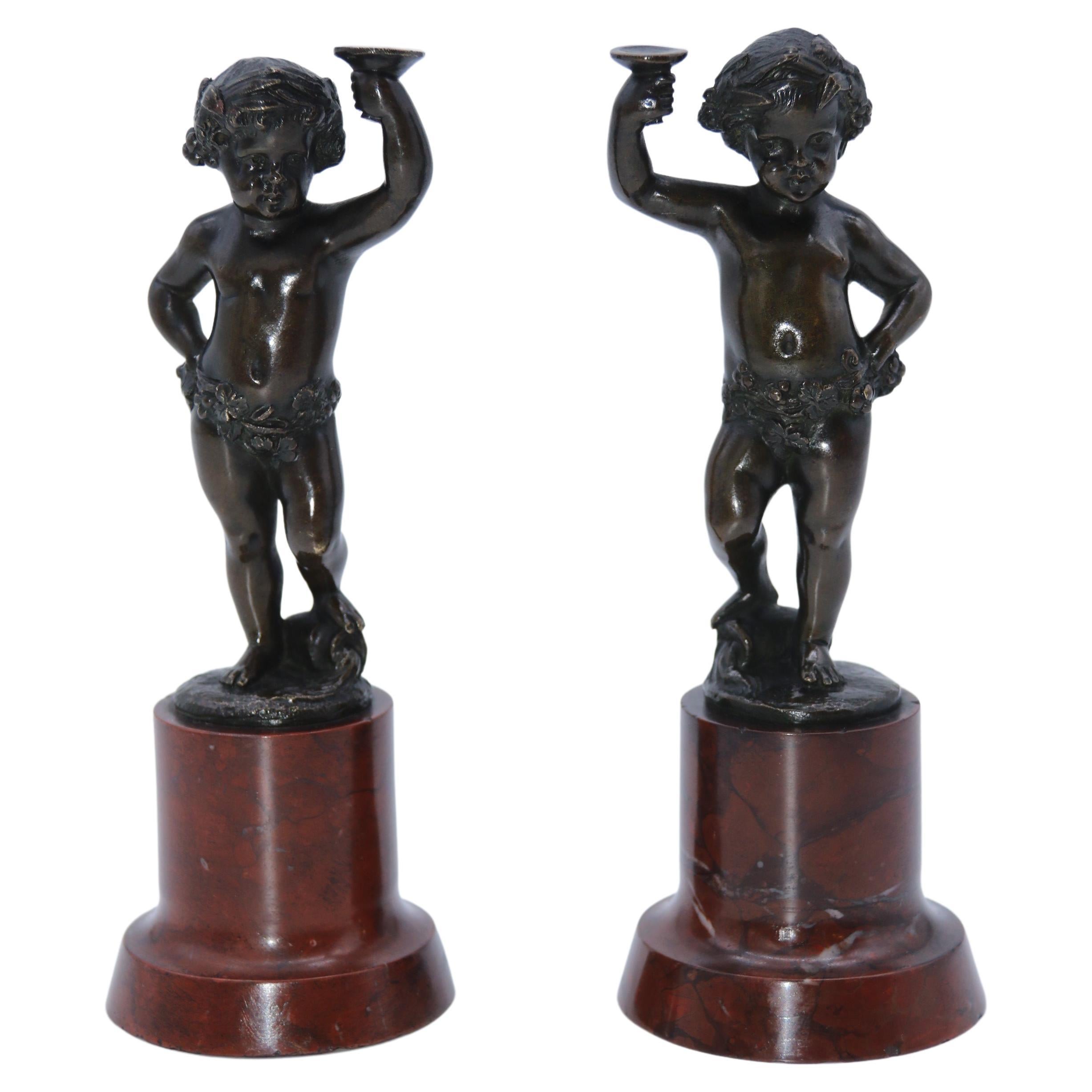 Pair of Grand Tour 19th Century Bronze Putti Figures on Marble Bases, C 1860