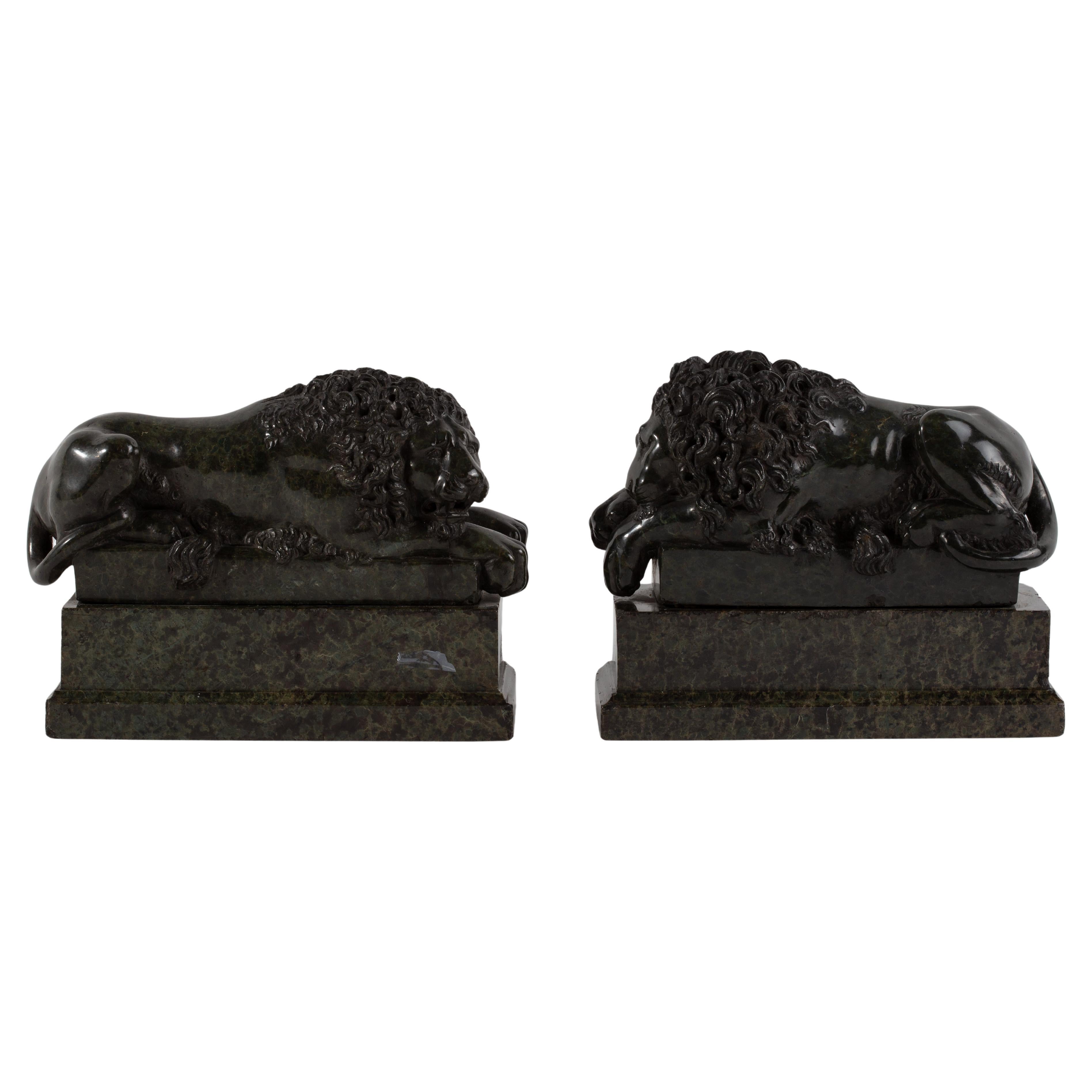 A Pair of Grand Tour Carved Verde Antico Marble Lions, After Antonio Canova