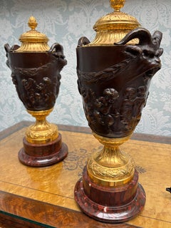 A Pair of Grand Tour Griotte Marble and Bronze Cassolettes After Clodion