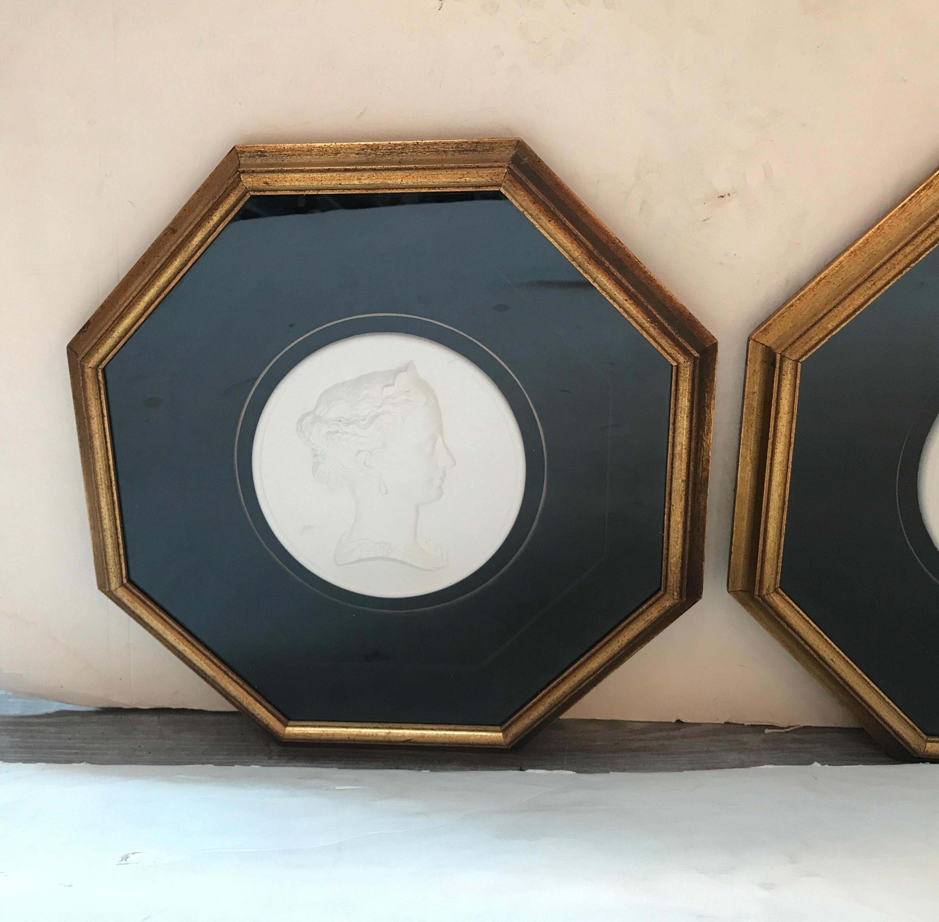 European Pair of Grand Tour Neoclassical Style Framed Bas Relief Portrait Plaques