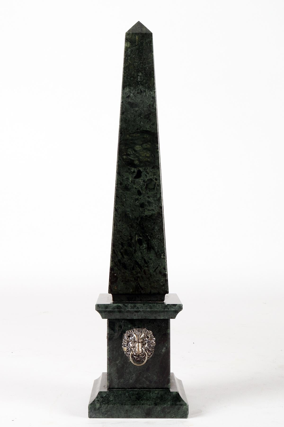 Silver A pair of Grand Tour obelisks, Green Alps marble, Italy second half of 19th cent For Sale