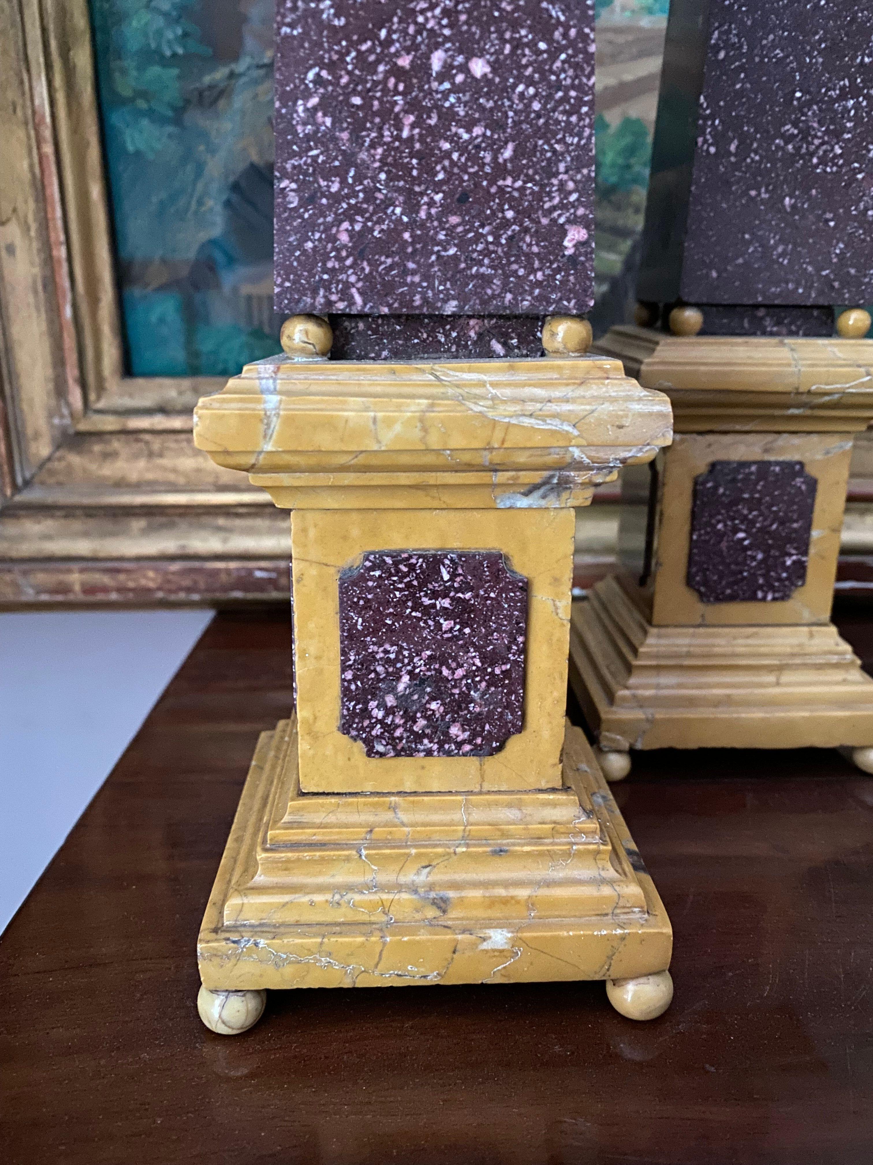 Carved Pair of Grand Tour Porphyry and Sienna Marble Obelisks, Italian, 19th Century For Sale