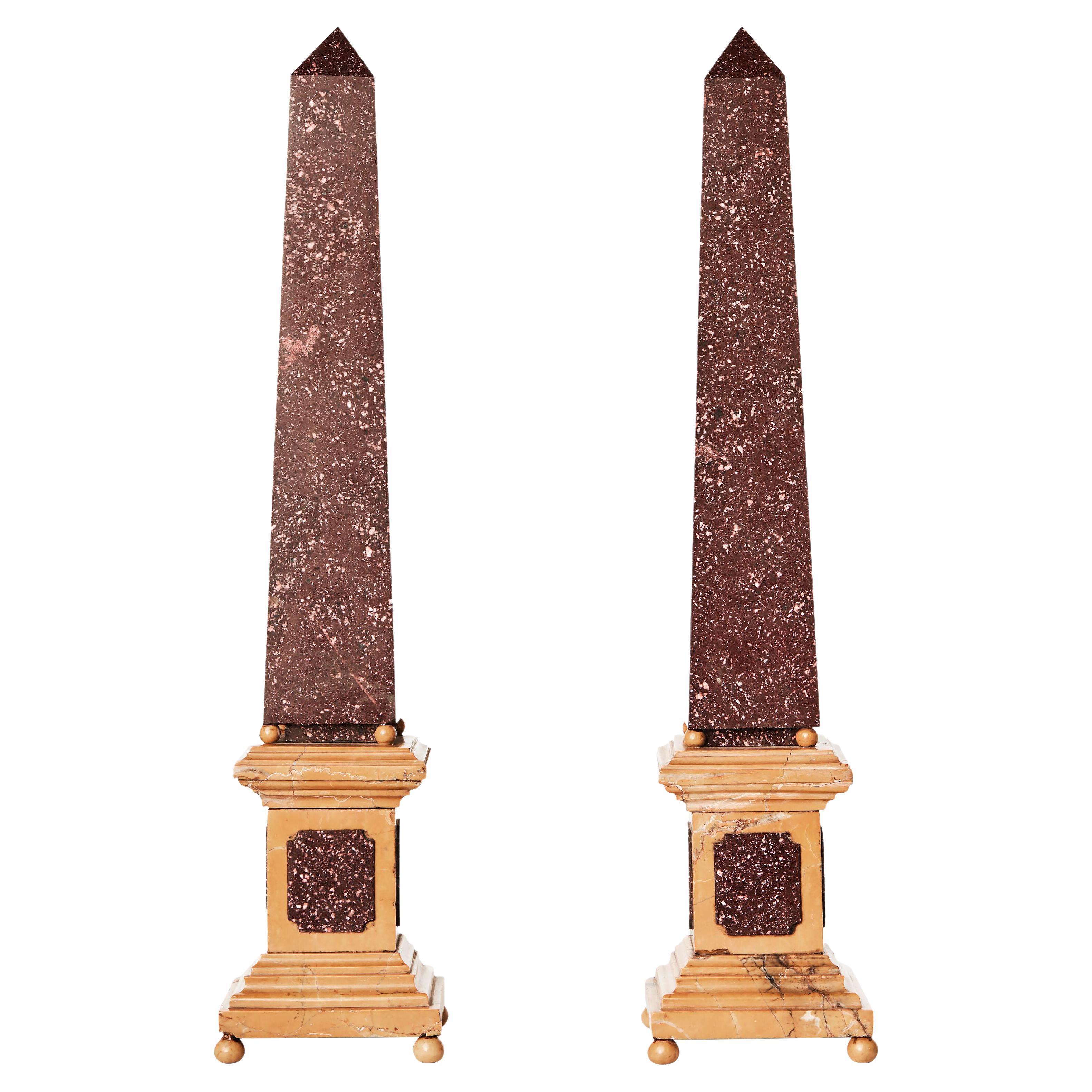 Pair of Grand Tour Porphyry and Sienna Marble Obelisks, Italian, 19th Century For Sale