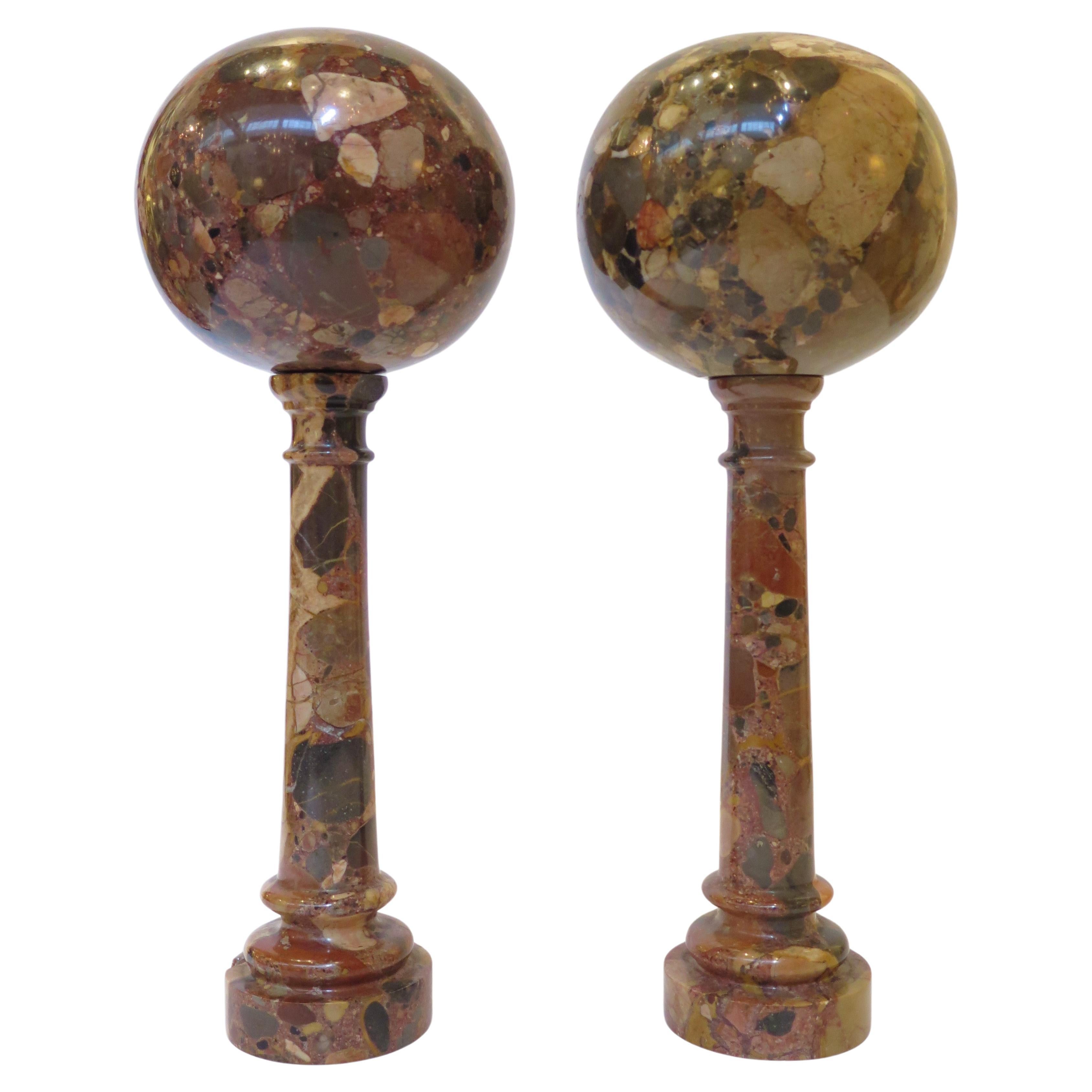 A Pair of Grand Tour Specimen Marble Orbs Atop Marble Columns 1