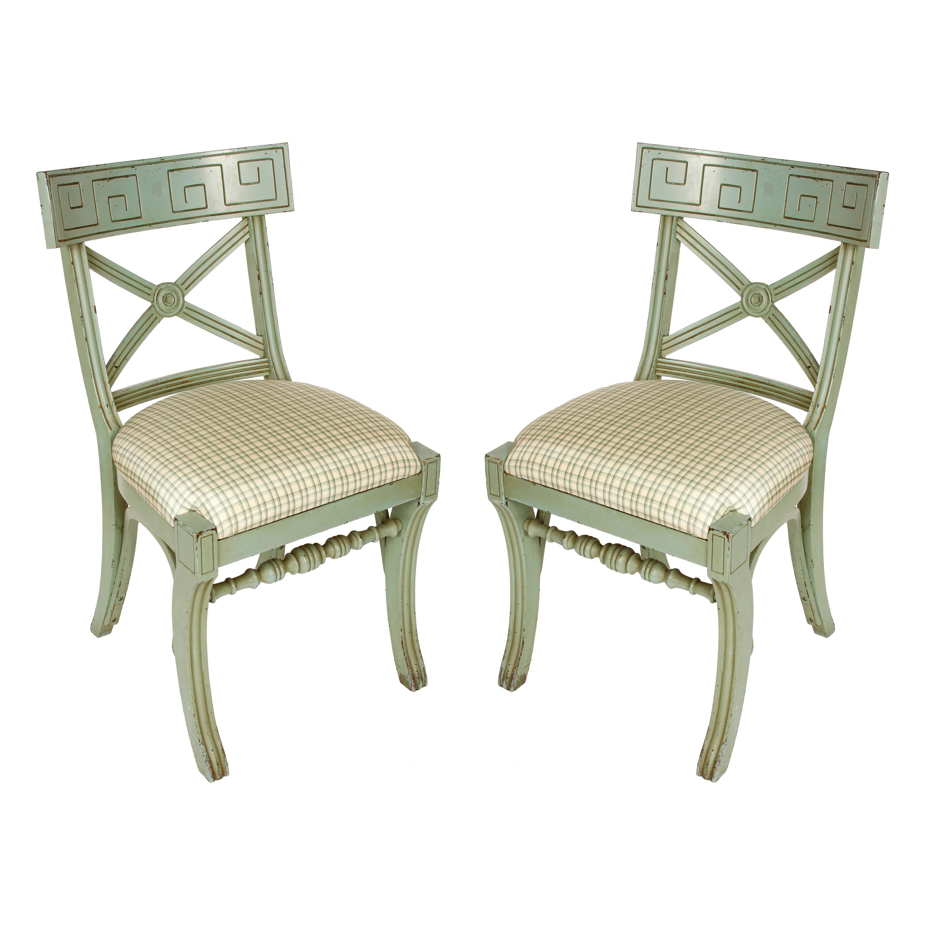 Pair of Greek Key Vintage Painted Side Chairs with Silk Check Cushions